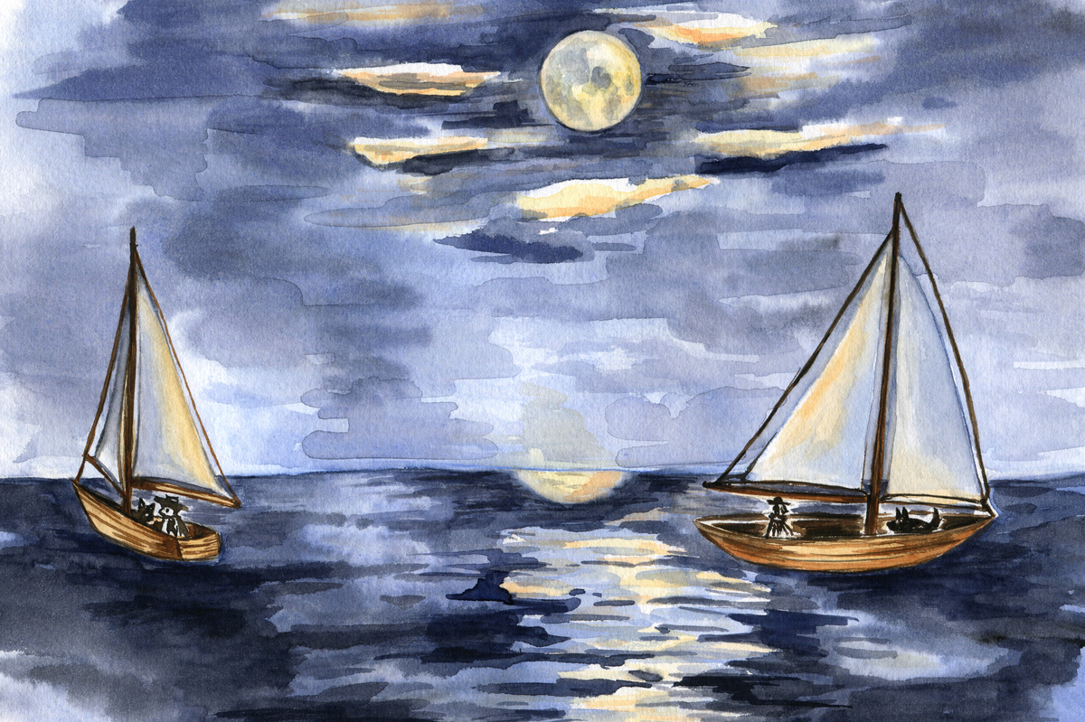 水彩画:满月下的夜海帆船及其在水中的倒影