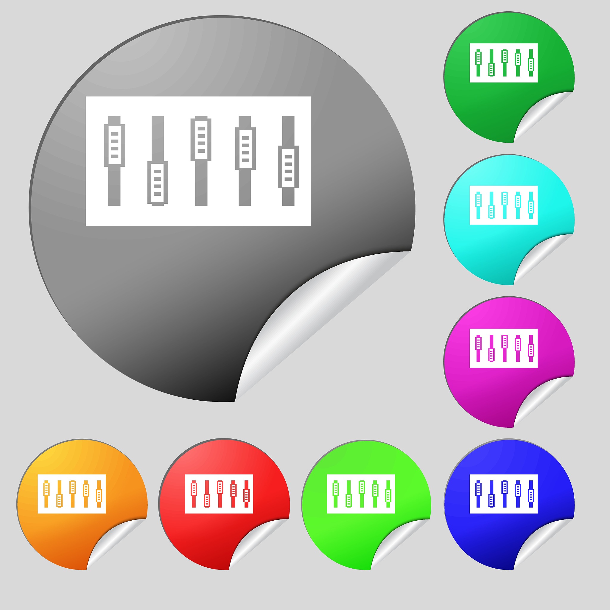 dj console mix handles and buttons icon symbol. set of eight mul