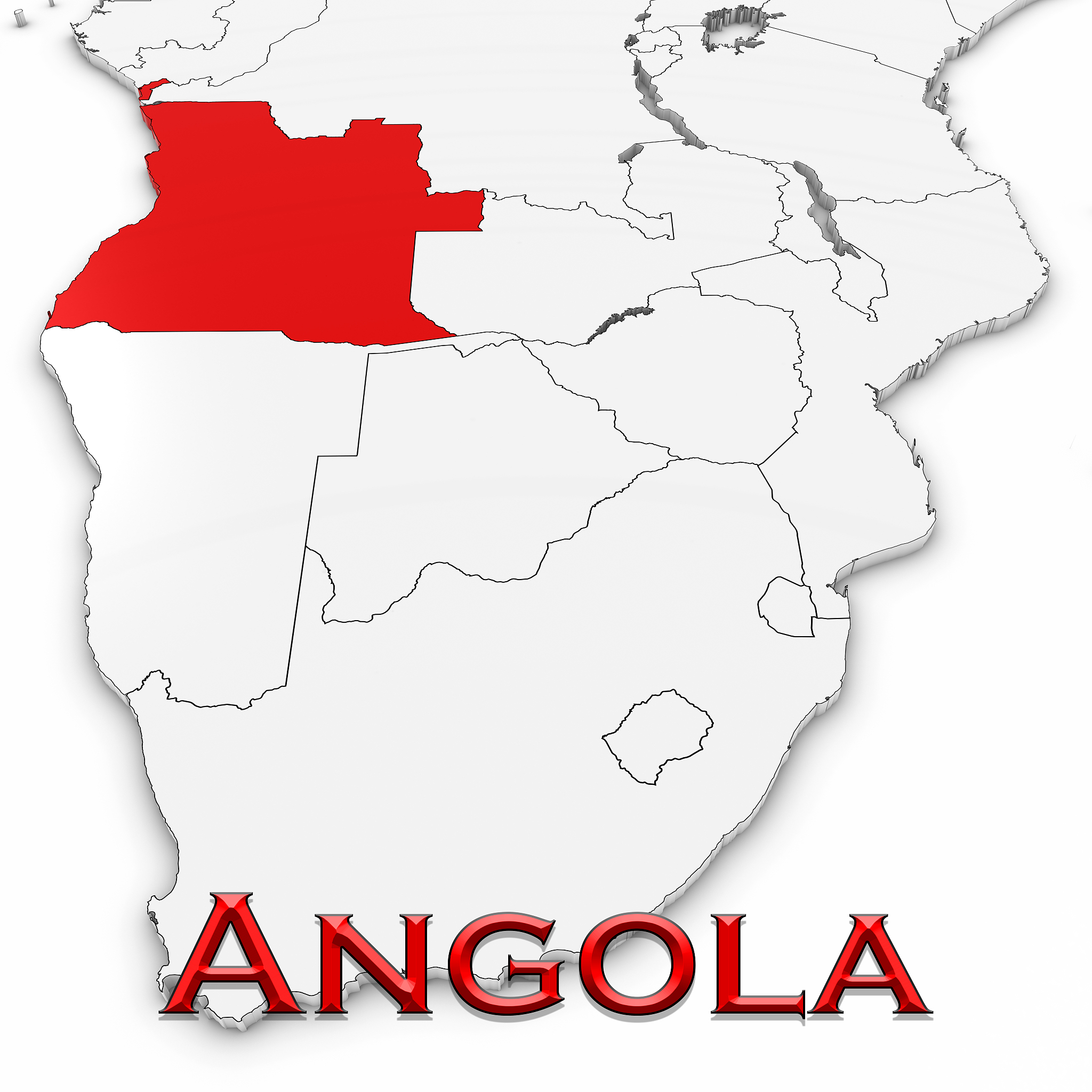 3d map of angola with country name highlighted red on white back
