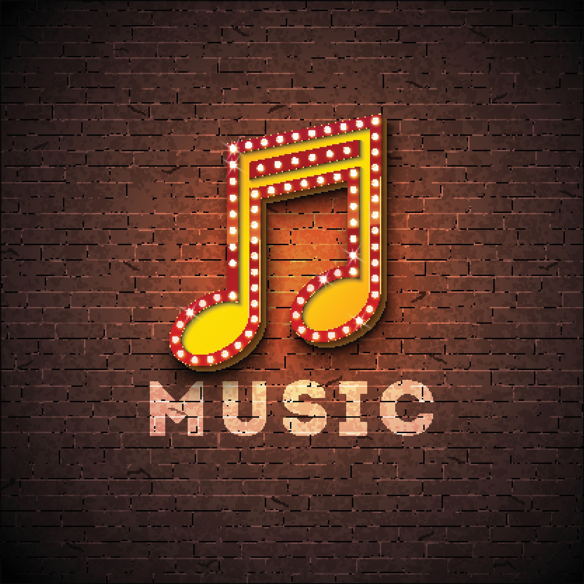 music illustration with musical note lighting signboard on brick