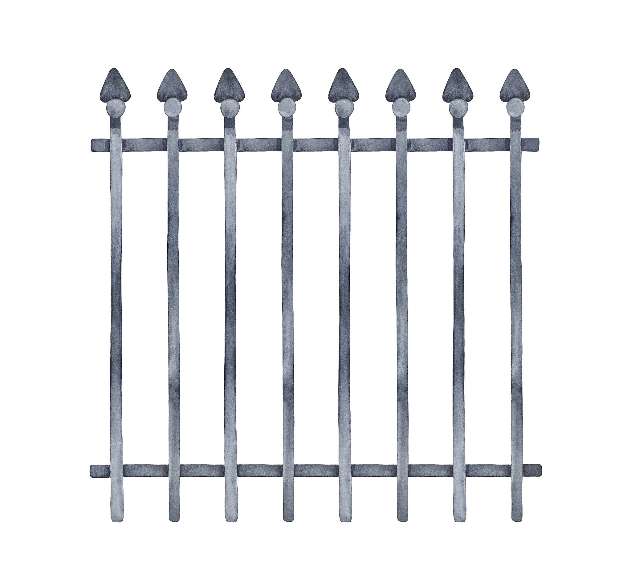 water color illustration of black tall wrought iron fence. one s
