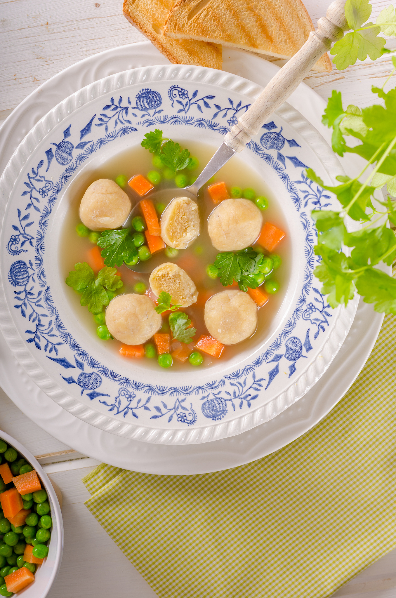 fresh vegetable soup with chicken dumplings