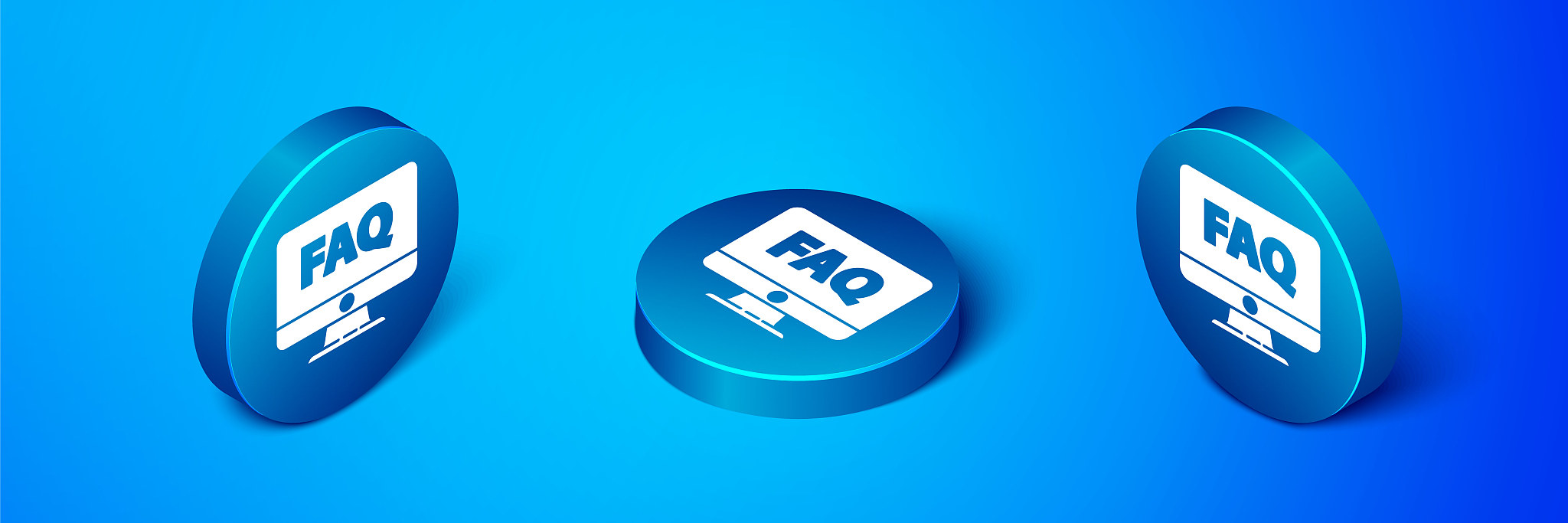 isometric computer monitor and faq icon isolated on blue backgro