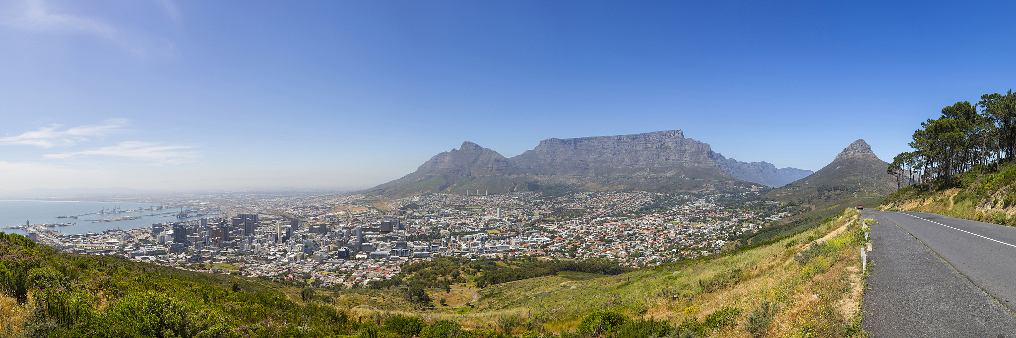 table mountain, lion's head and cape town harbour panorama