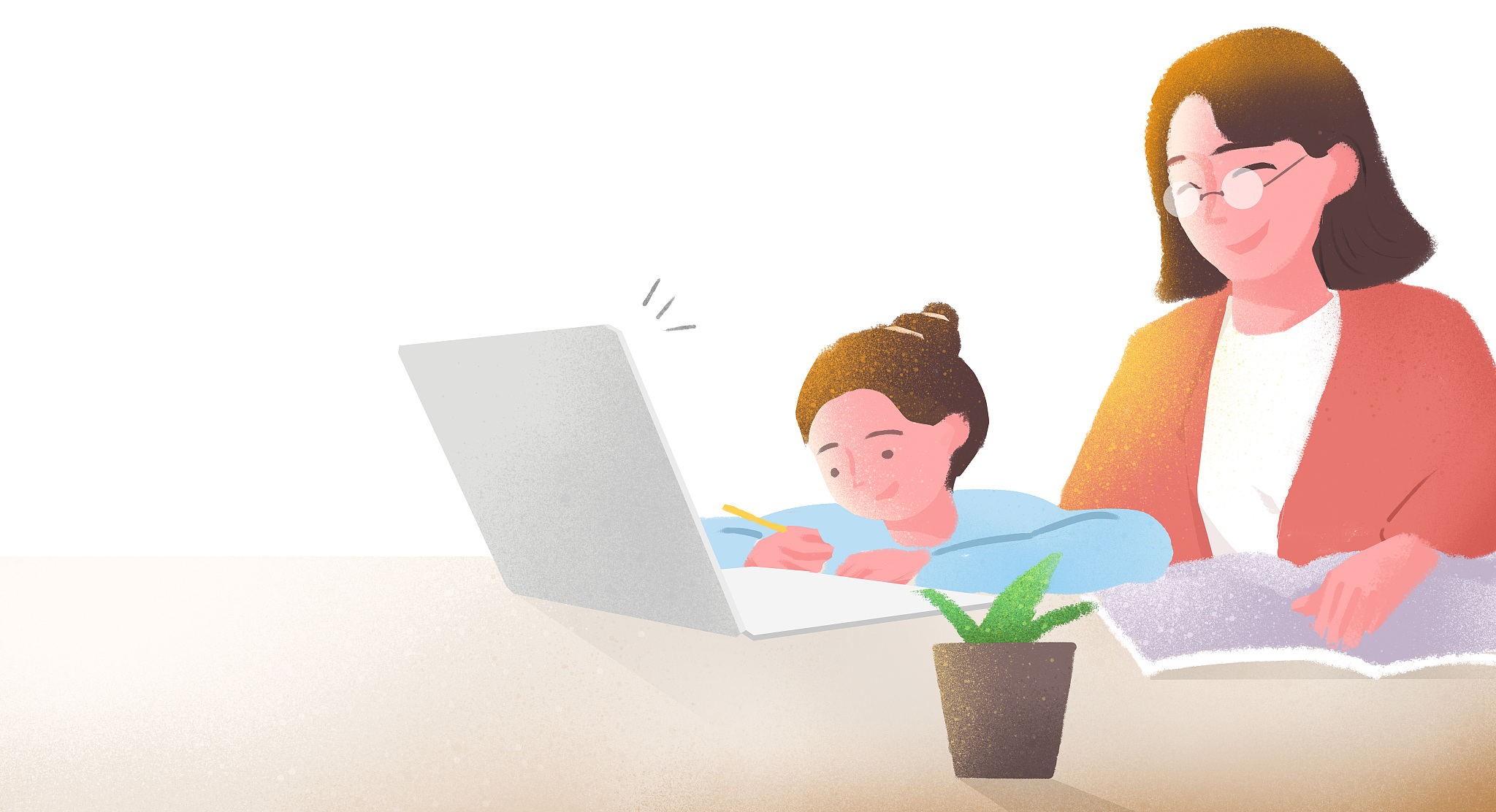 网络开课在线辅导远程教育母女插画