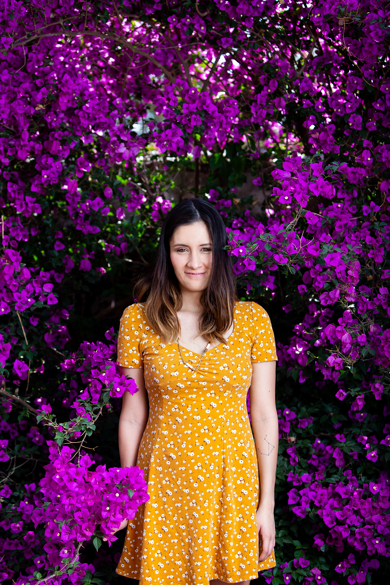 young woman with flowers background