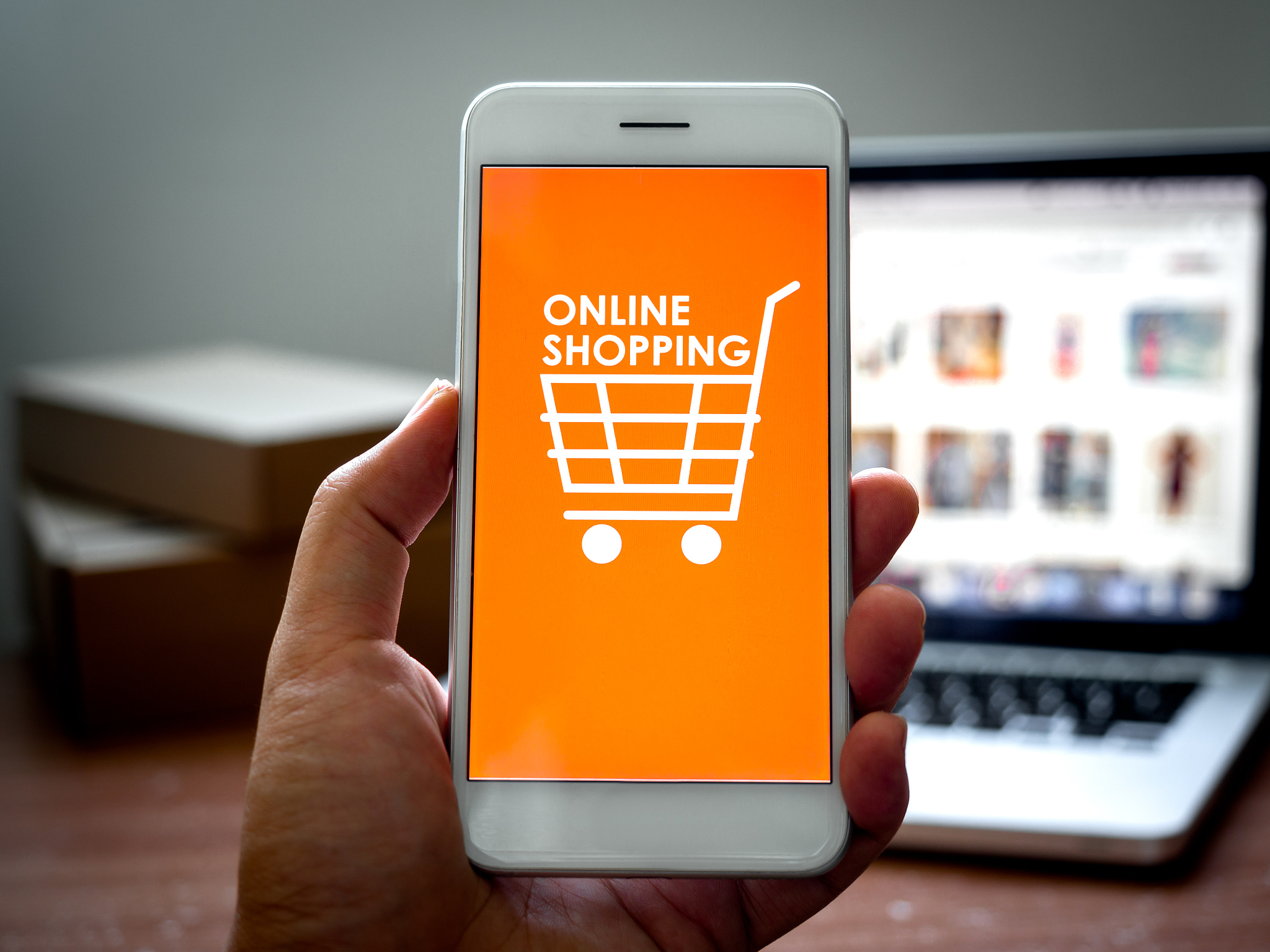 online shopping concept. words "online shopping" and shopping ca