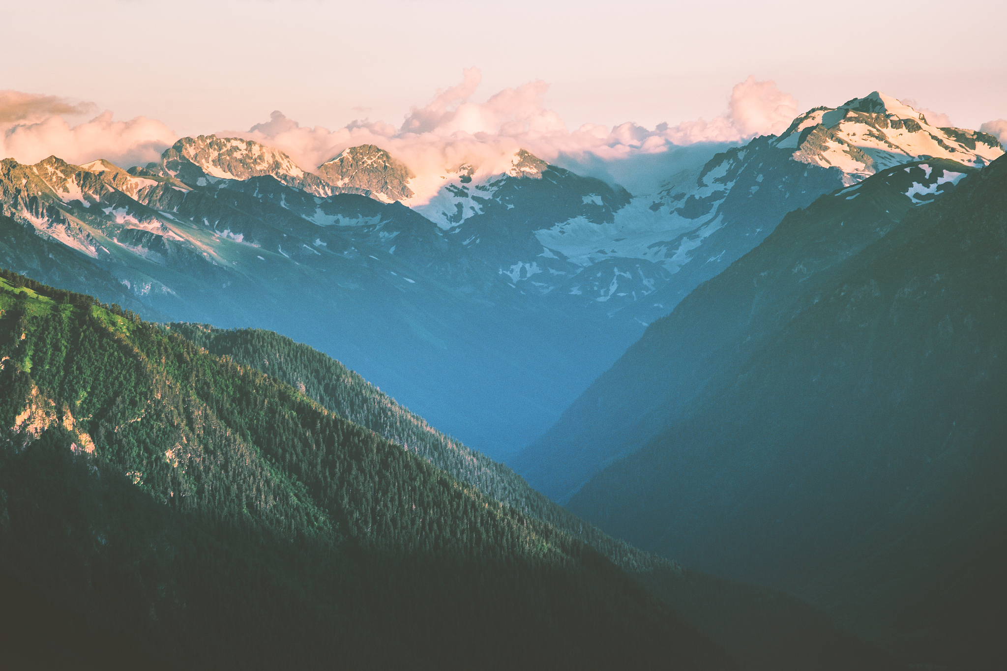 sunset mountains peaks and forest landscape summer travel wild n
