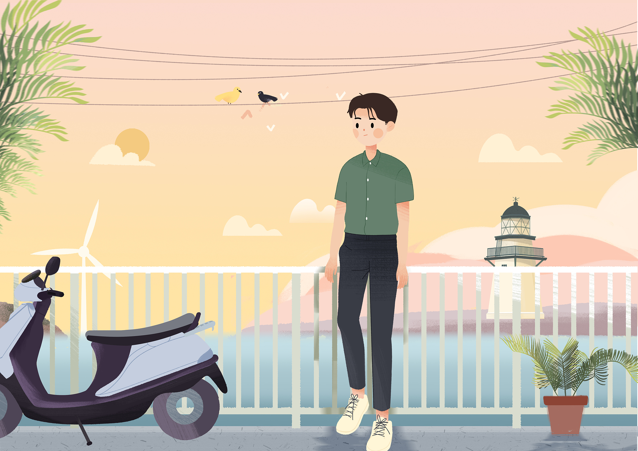 在夏天的海边约会的男生