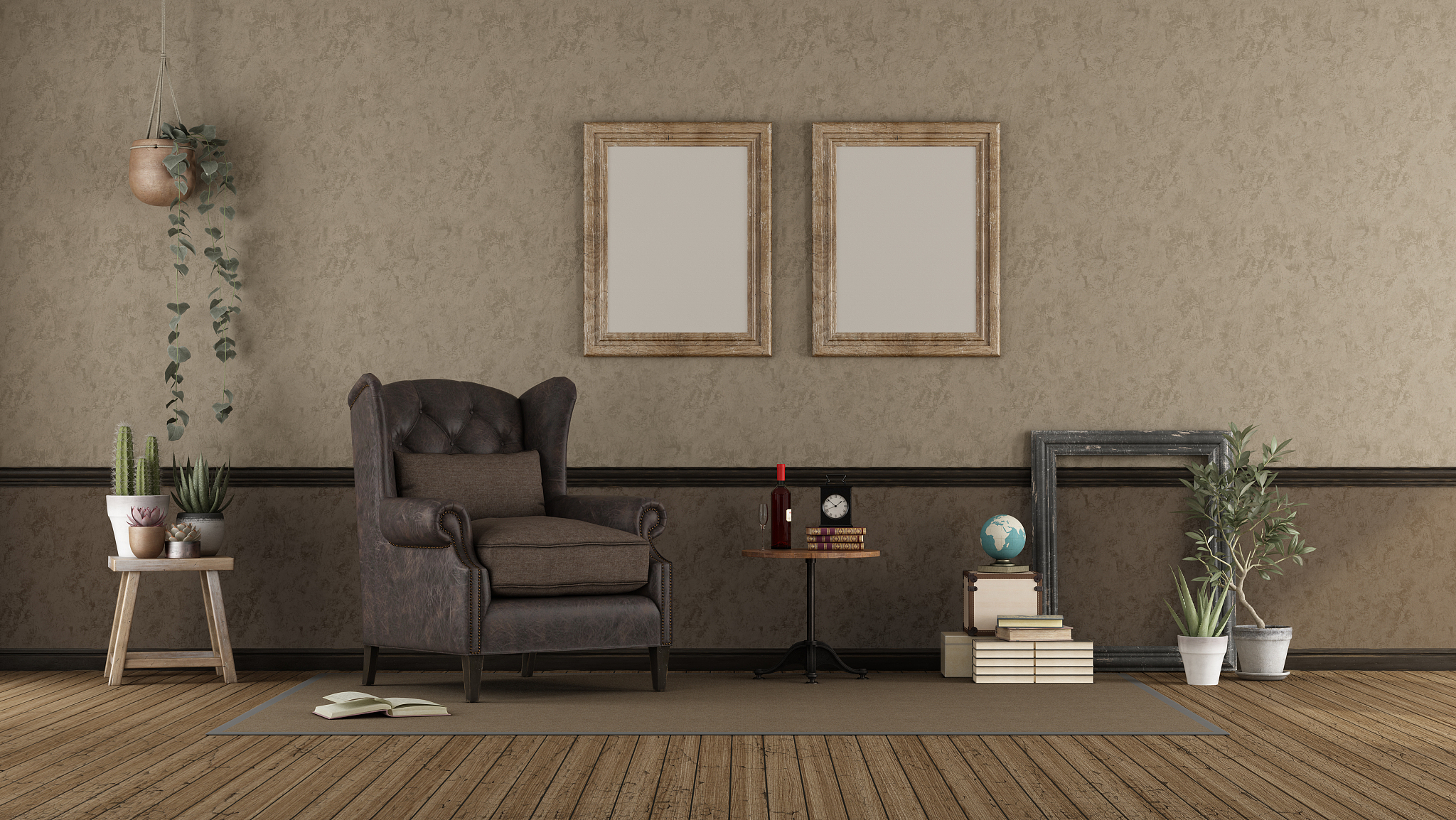 retro living room with leather armchair