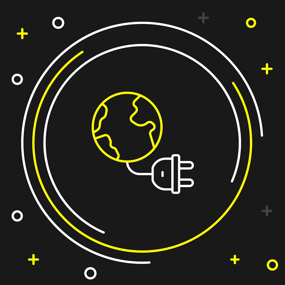 线全球能源能源行星与插头图标孤立在黑色背景.生态概念与环境.色彩斑