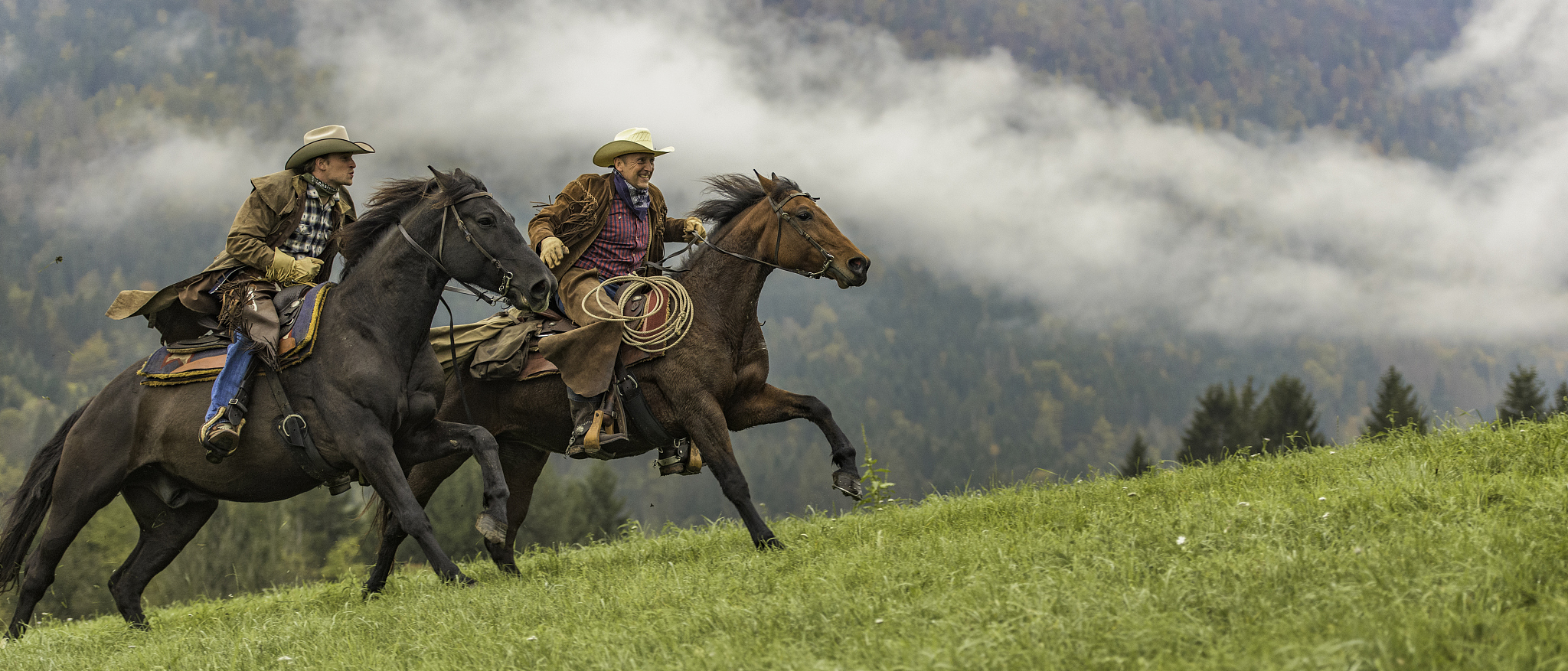 cowboys riding across a meadow in the forest