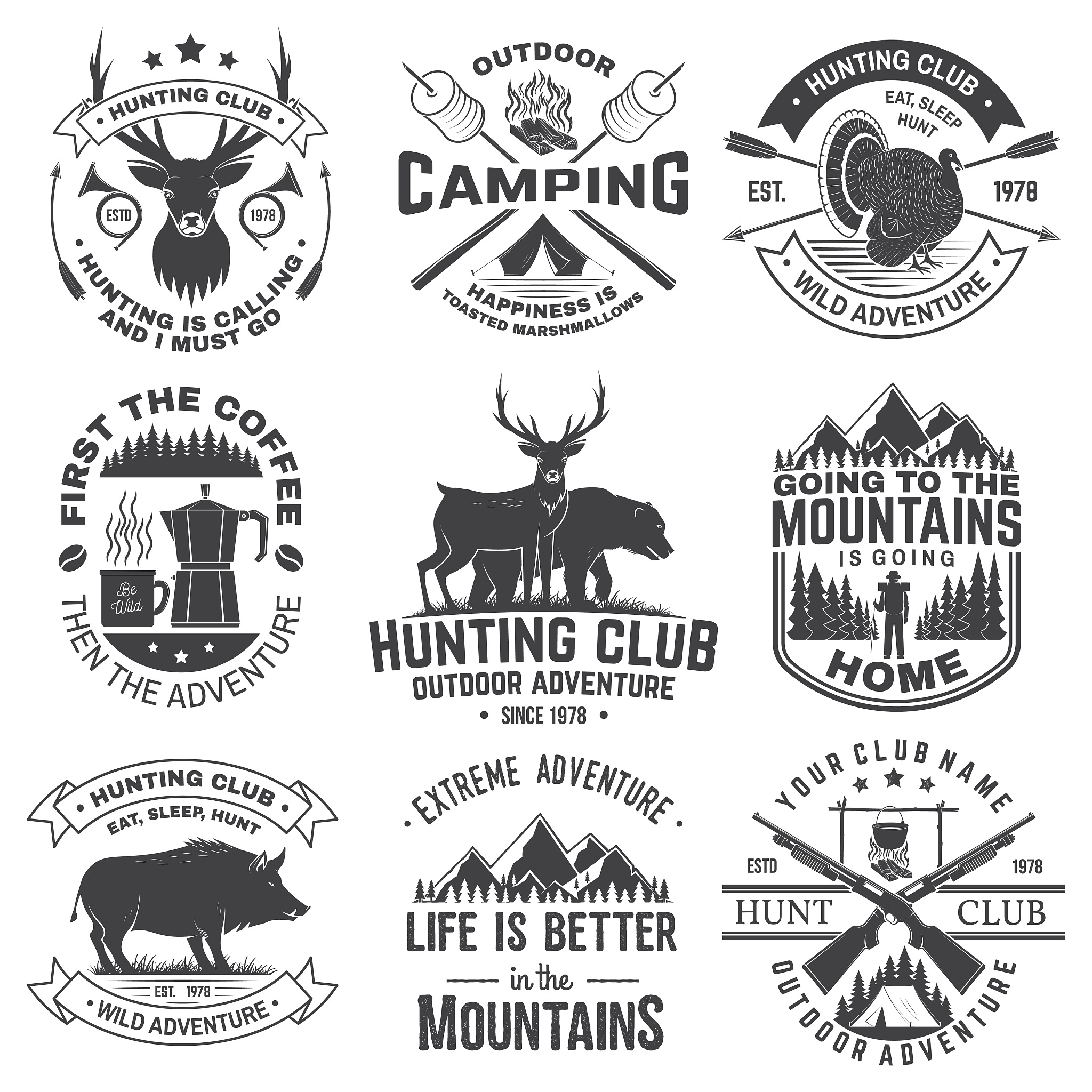 set of hunting club and outdoor adventure quotes. vector. concep