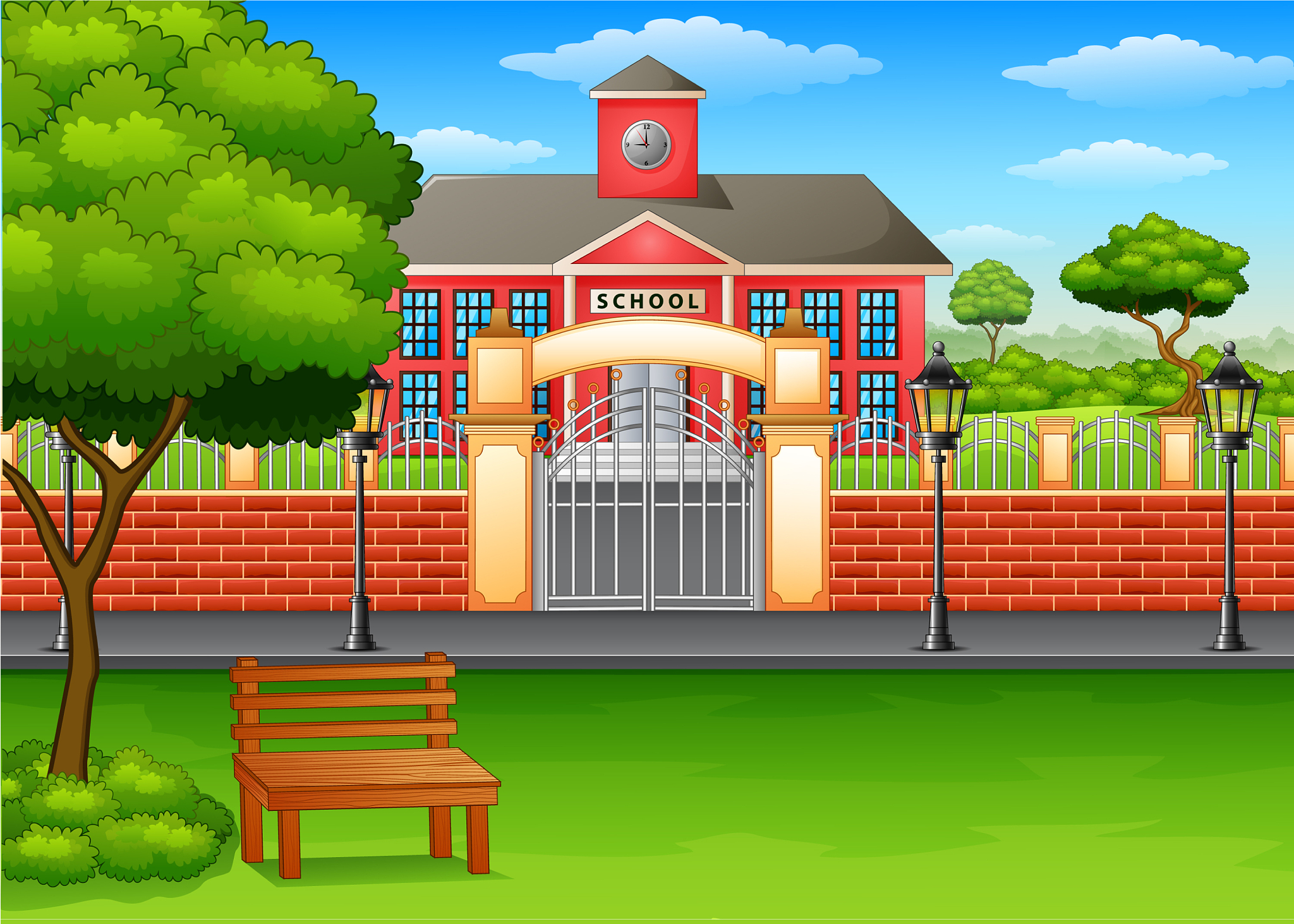 school building and green lawn