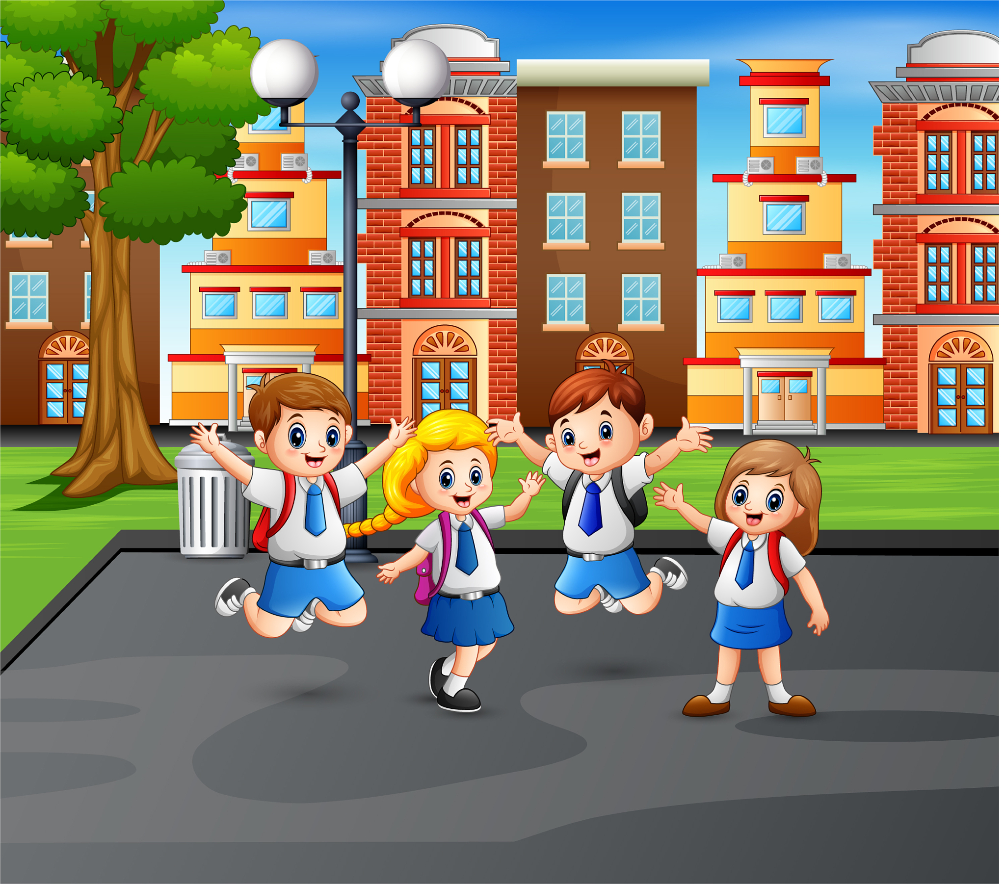 happy children in uniform at jumping at park