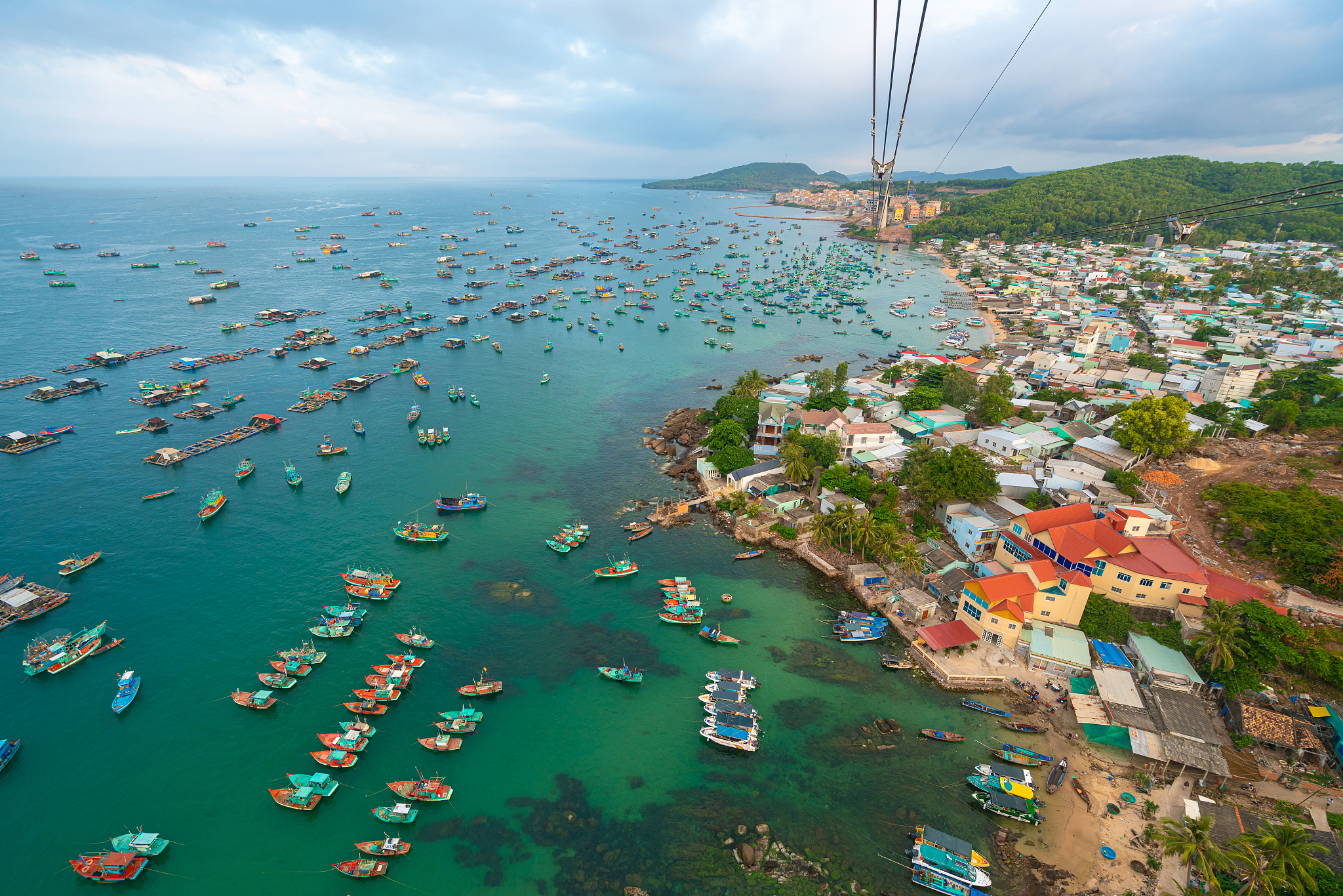 aerial view of boat anchor area near an thoi port, phu quoc isla