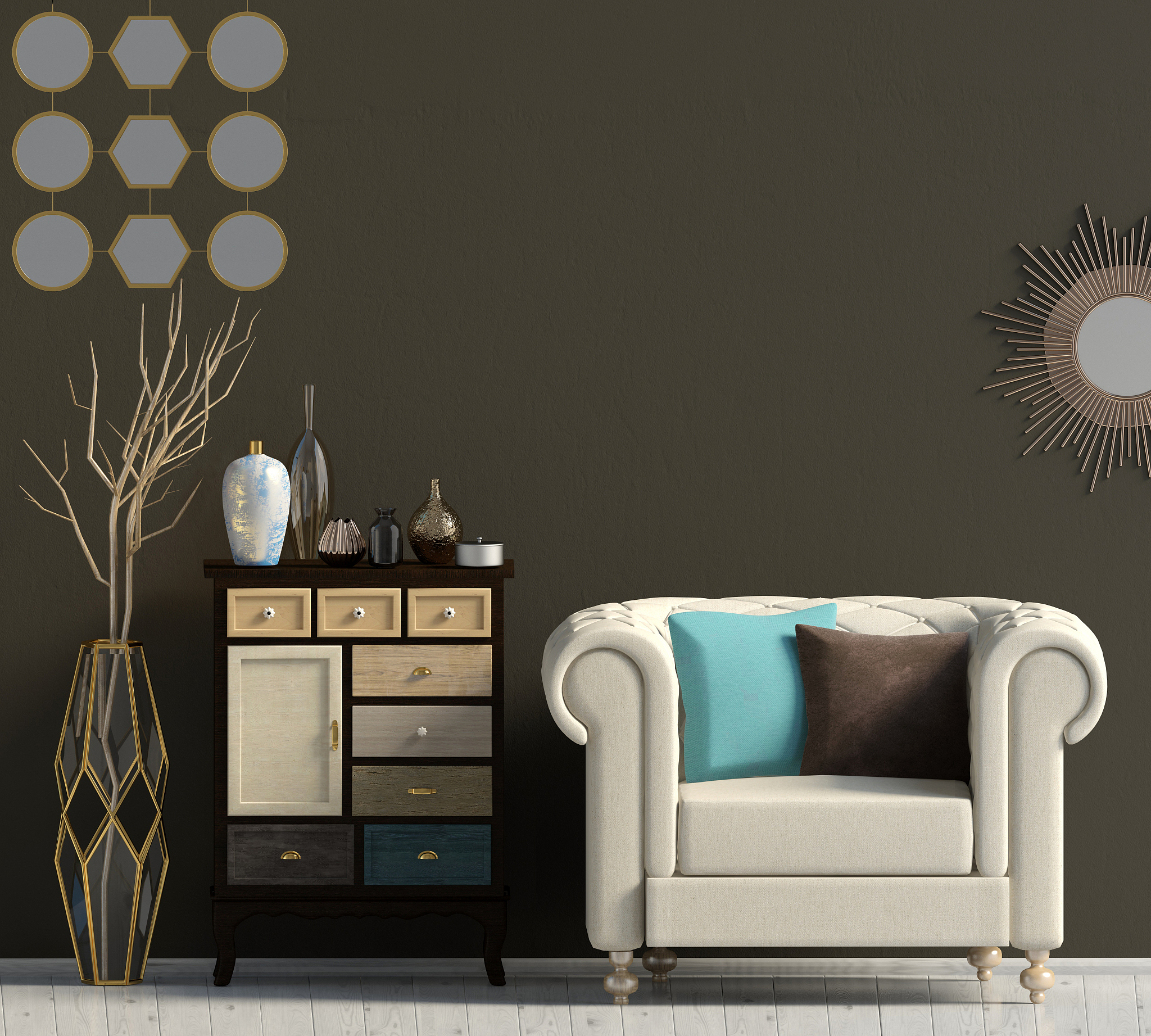 modern interior with dresser and chair. wall mock up. 3d illustr