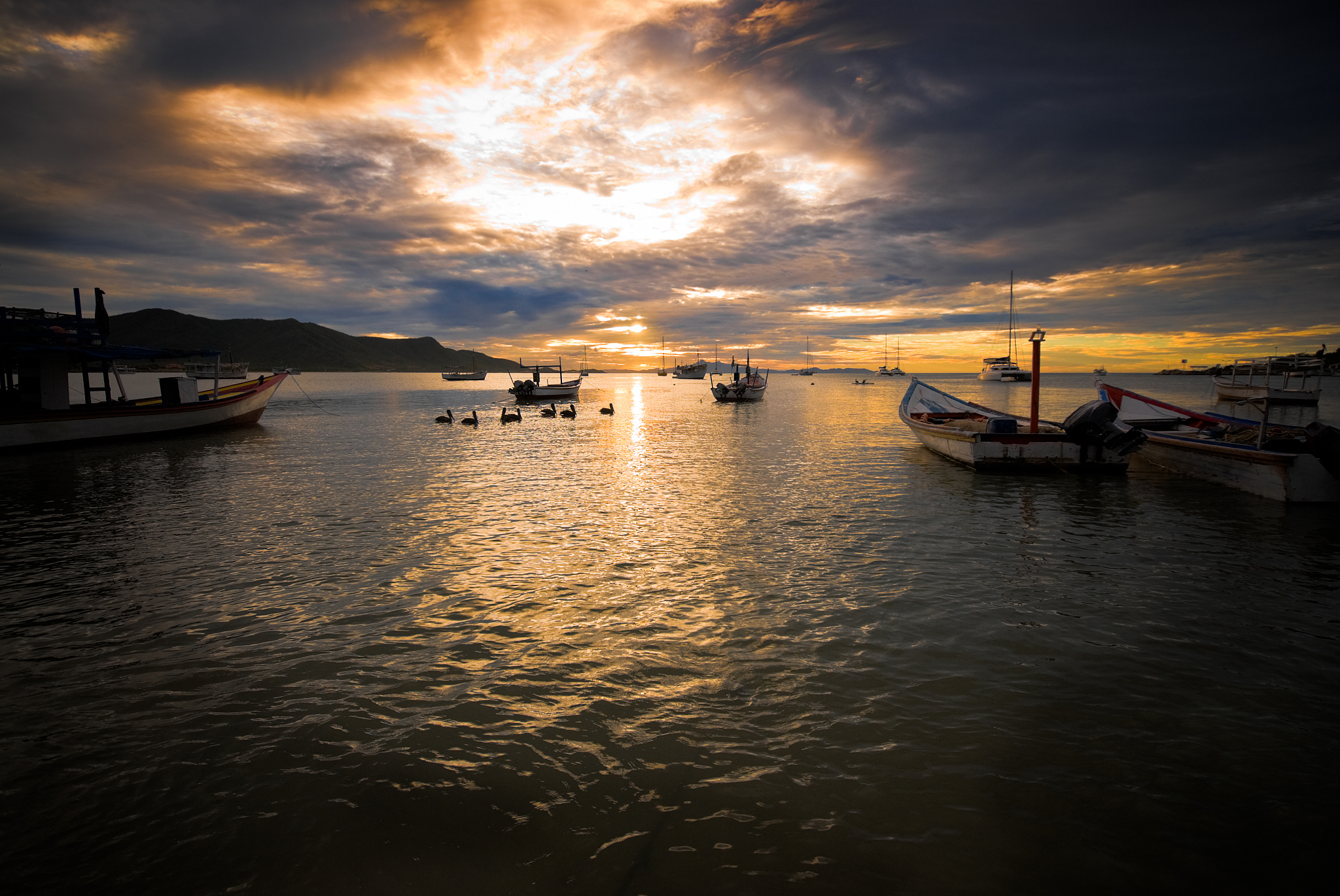 fishermen's boats at sunset