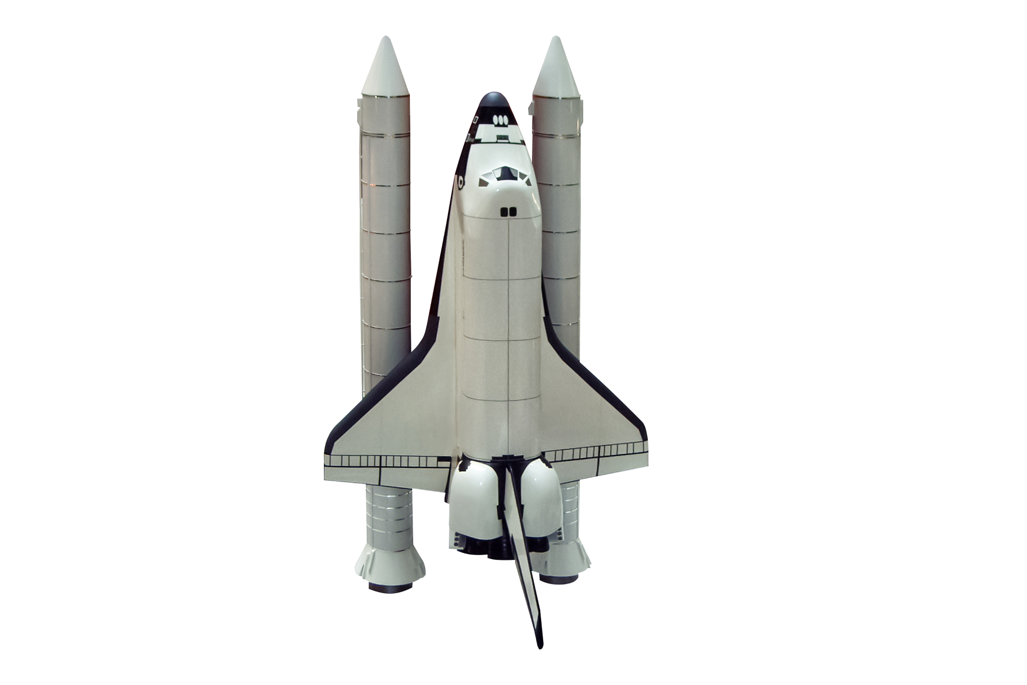 a shuttle spaceship taking off on white background.