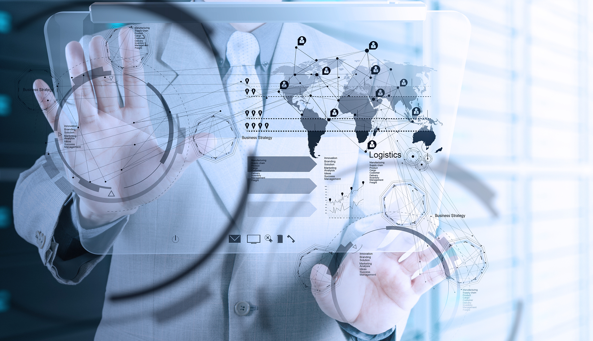 businessman hand points to business strategy
