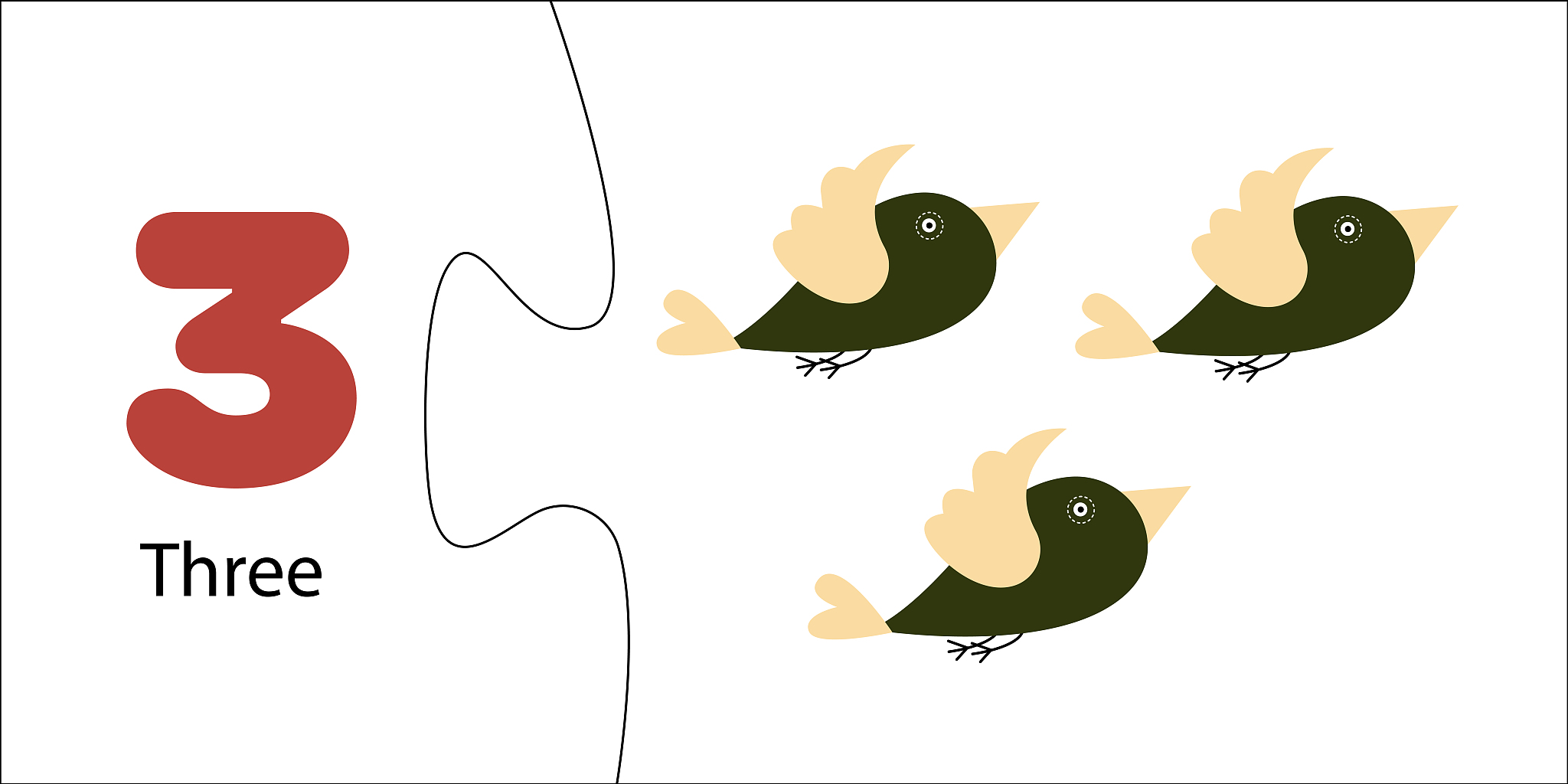 number three and three cute birds. math puzzle for children. edu