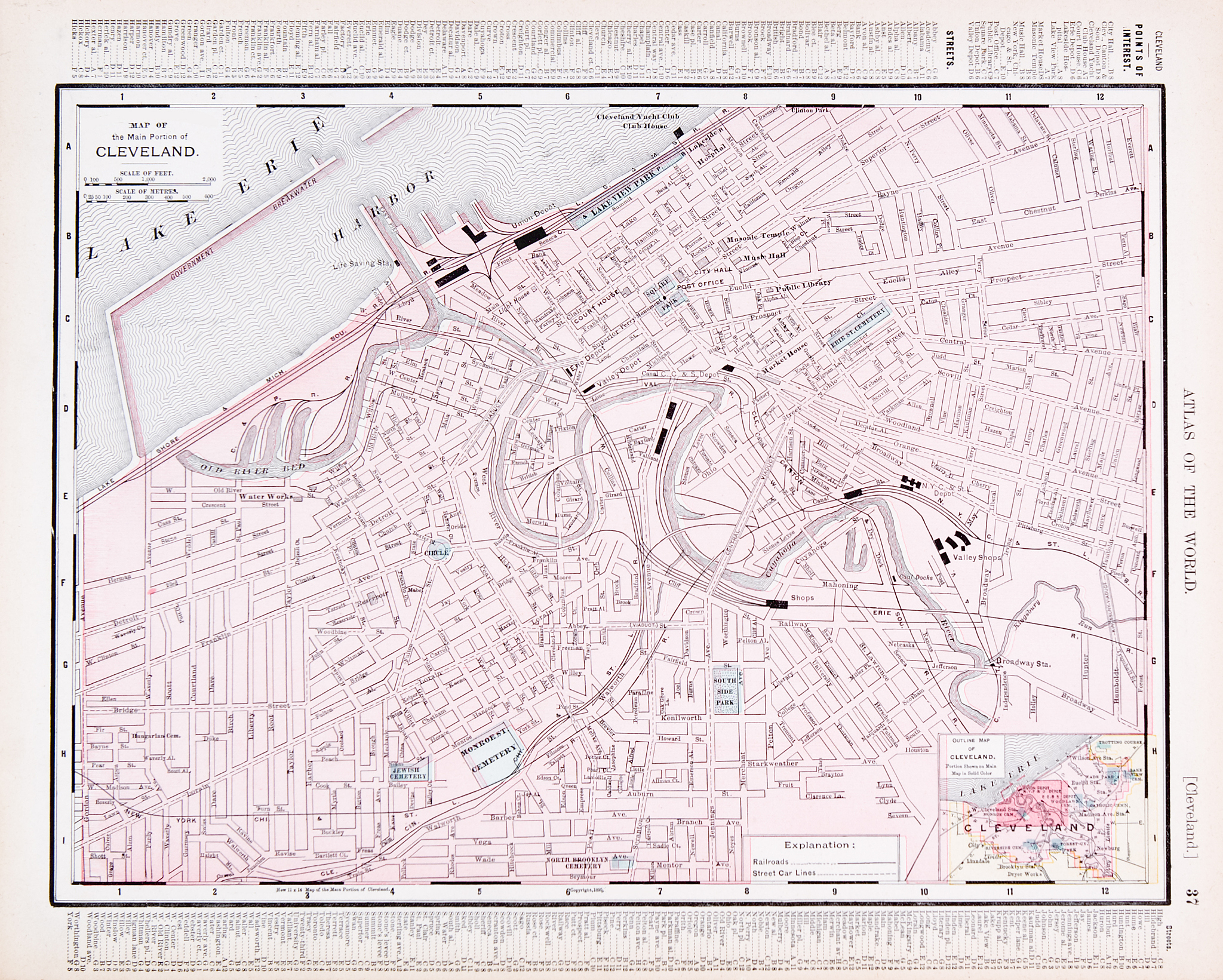 detailed vintage color street city map of cleveland, ohio, usa