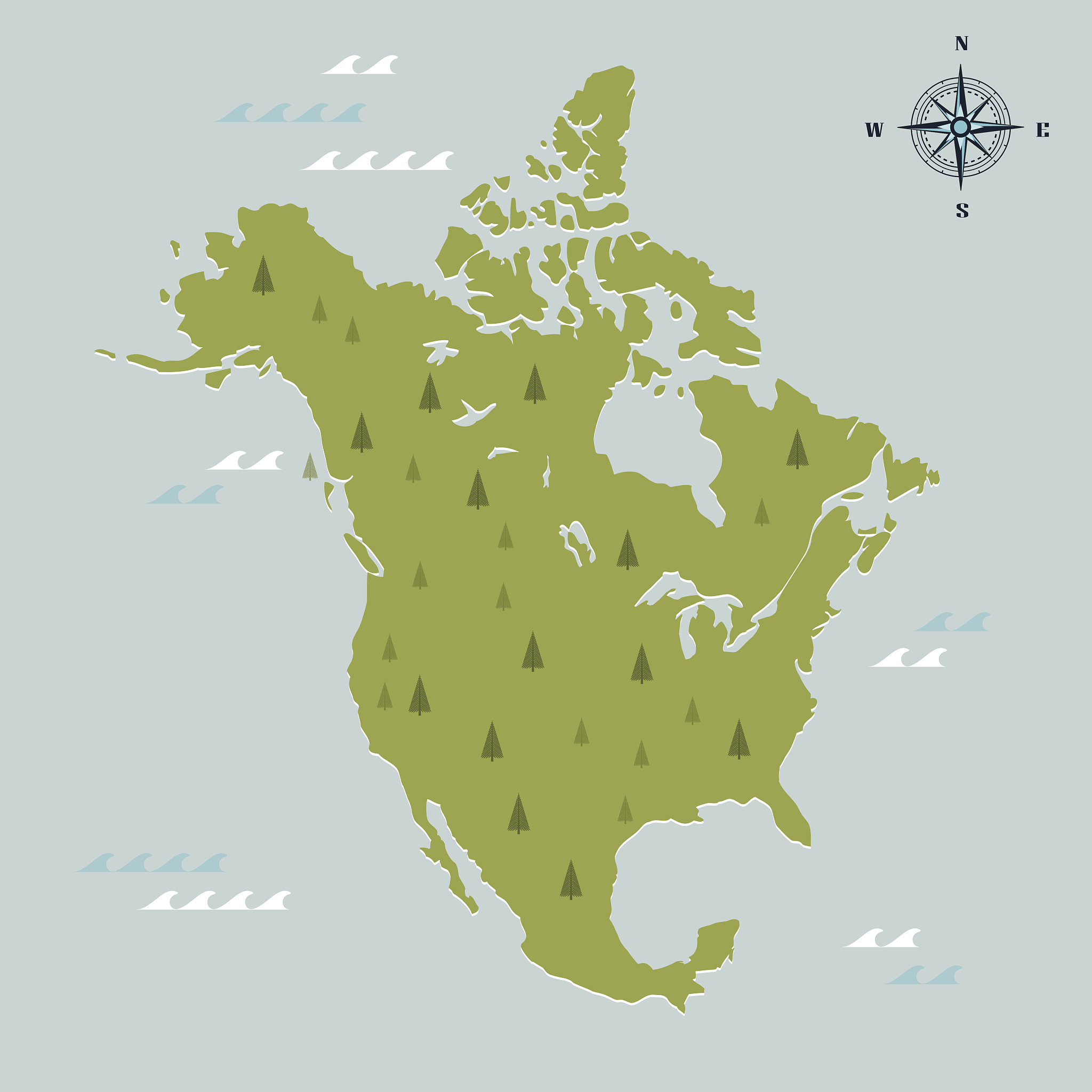 north america green travel map on light blue background