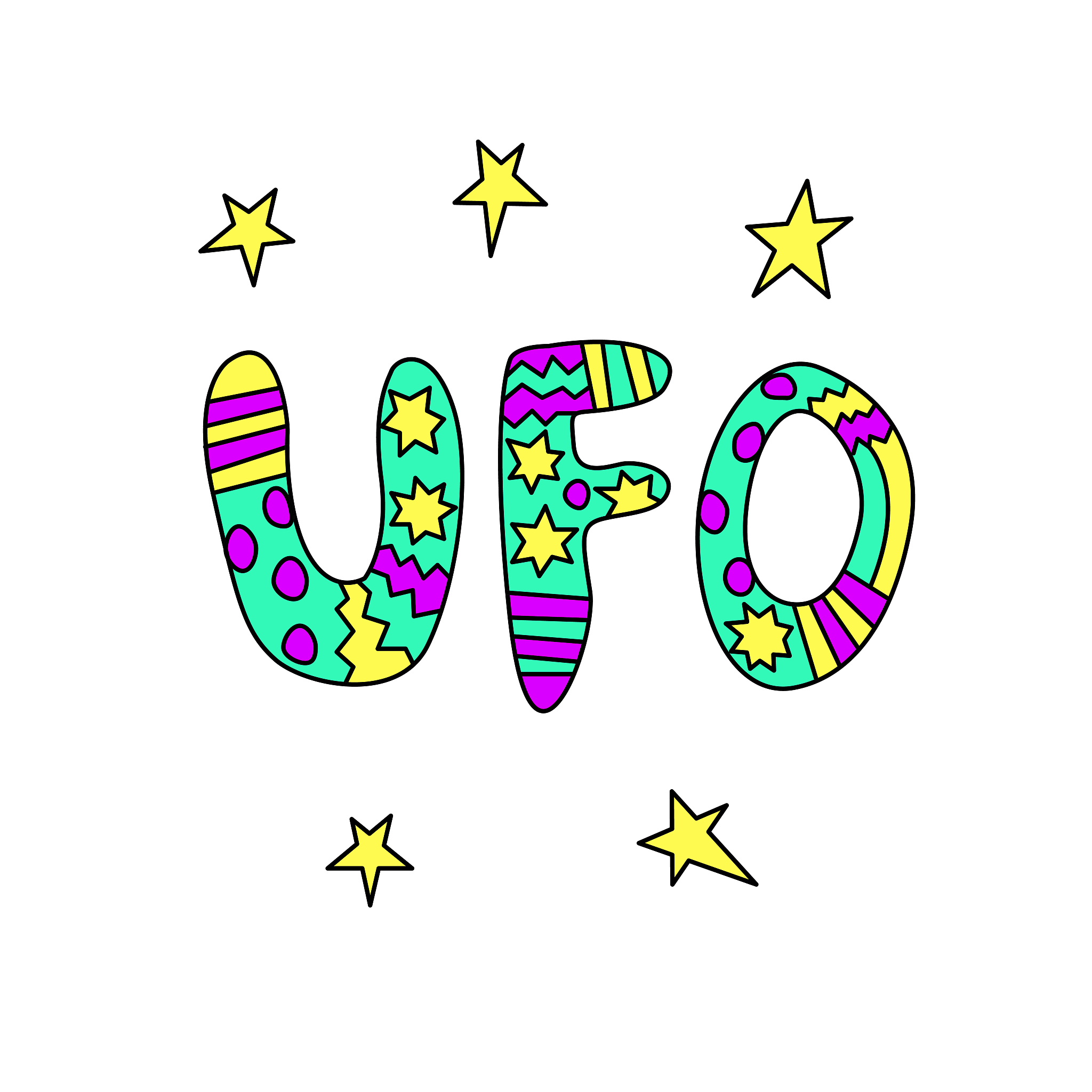 ufo- handwritten calligraphy vector illustration. bright color l