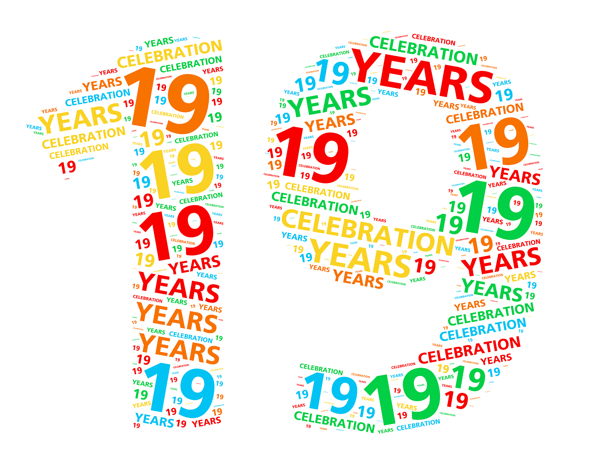 colorful word cloud for 19 year birthday or anniversary