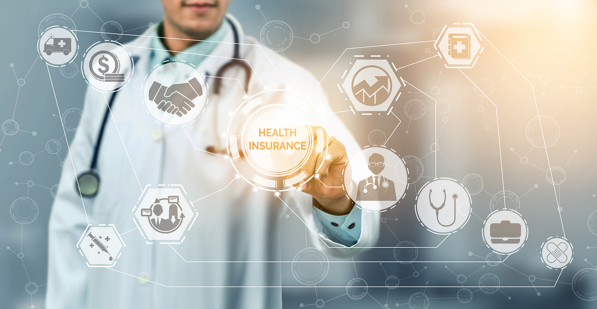 health insurance concept - doctor in hospital with health insura