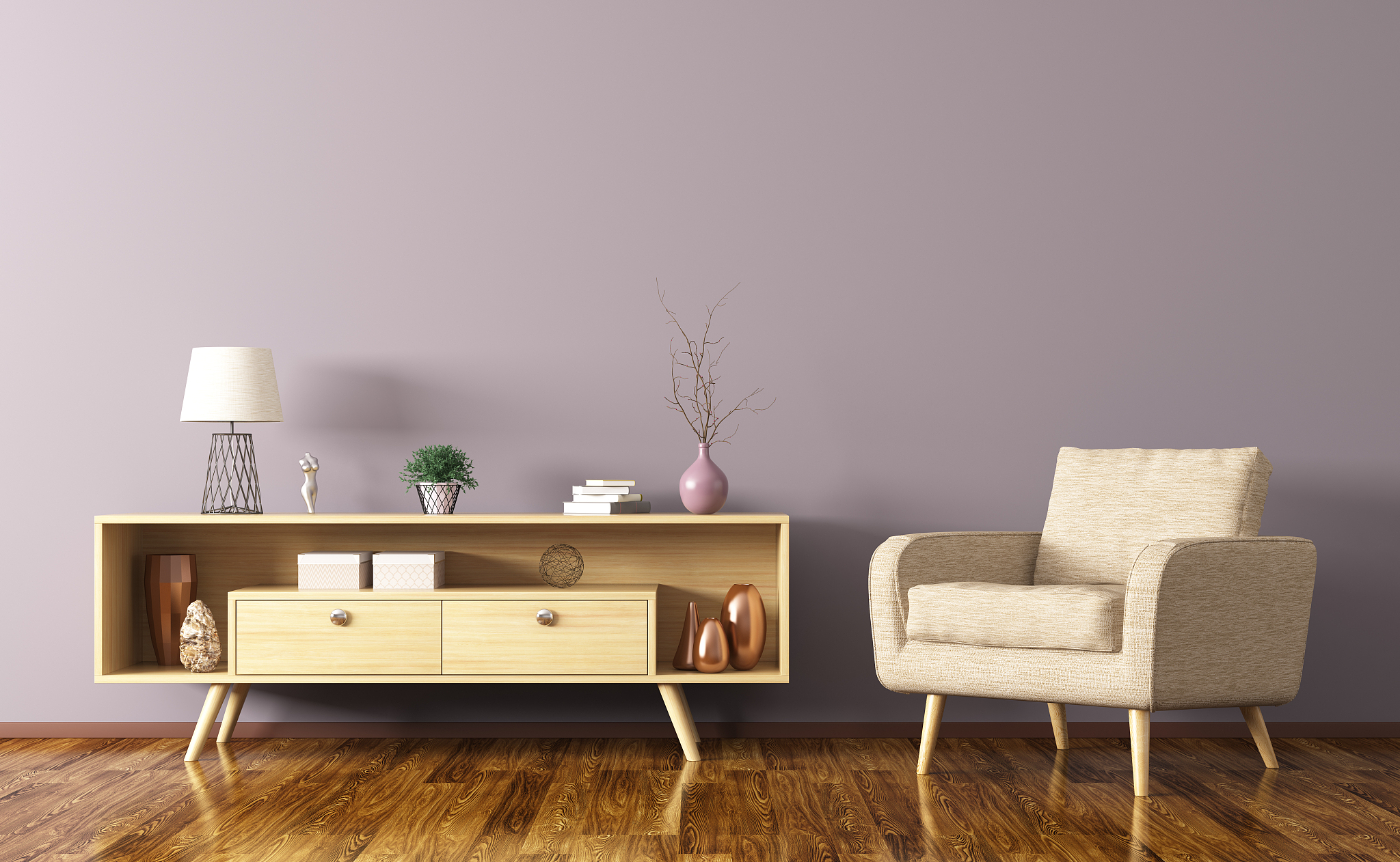 interior with wooden cabinet and armchair 3d rendering