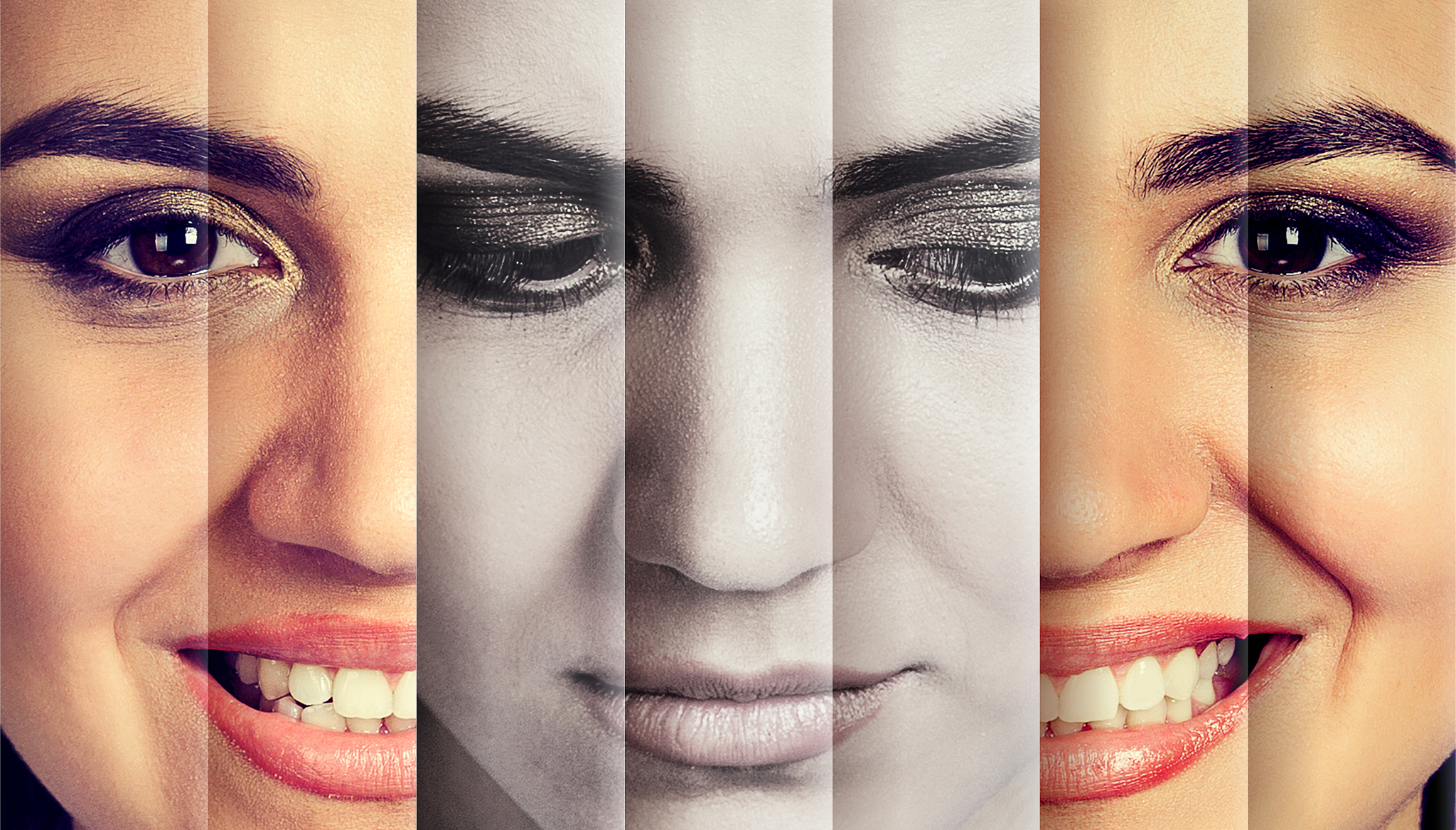 woman hiding real emotion looking happy