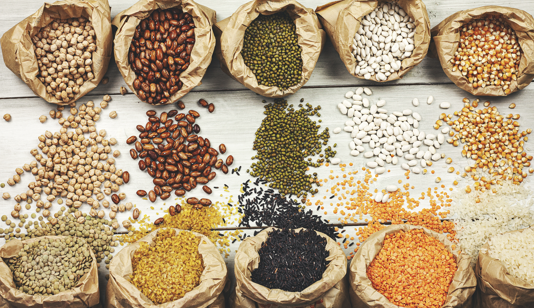 legumes bean seed in sack, top view