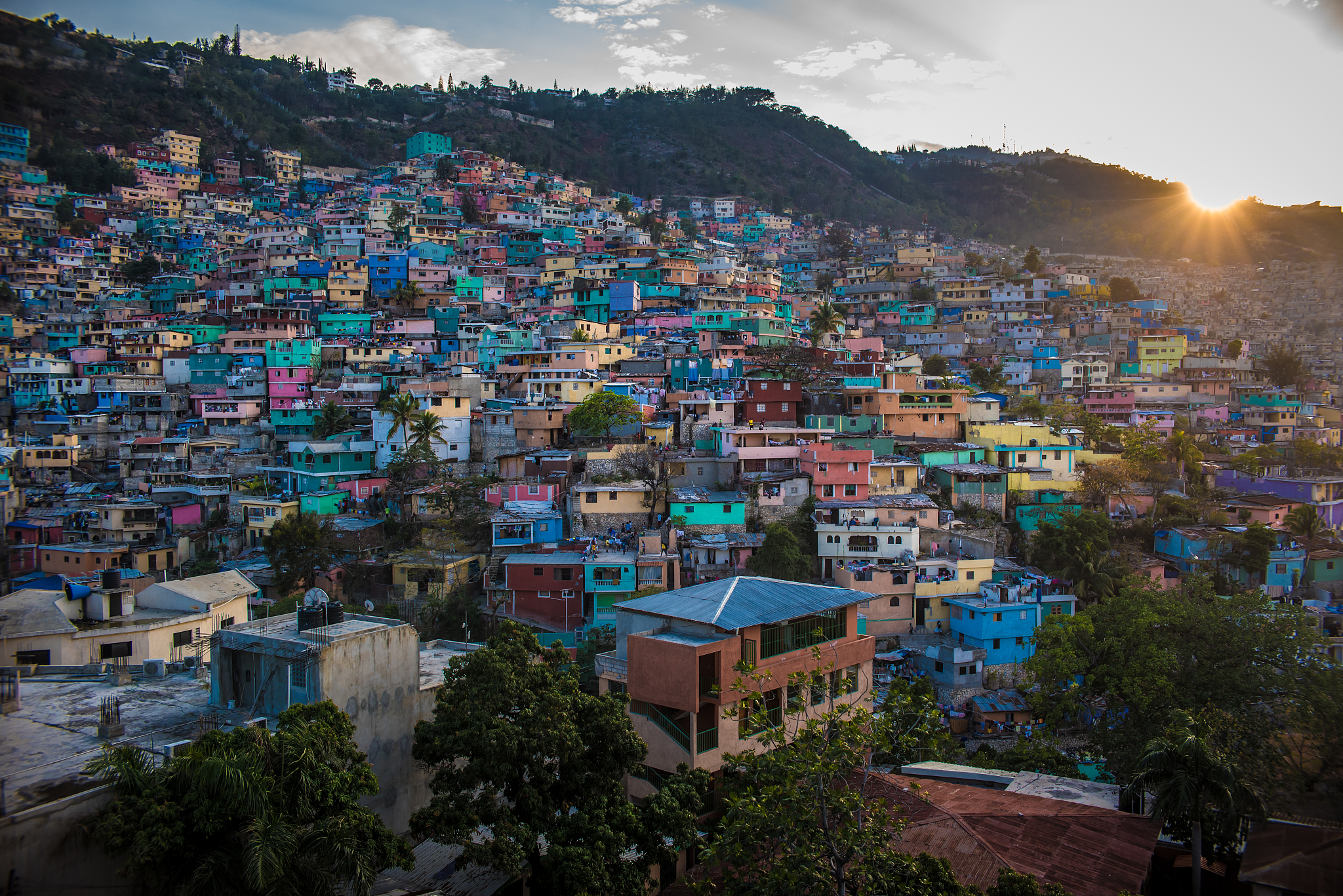 a bidonville with colorful buildings.
