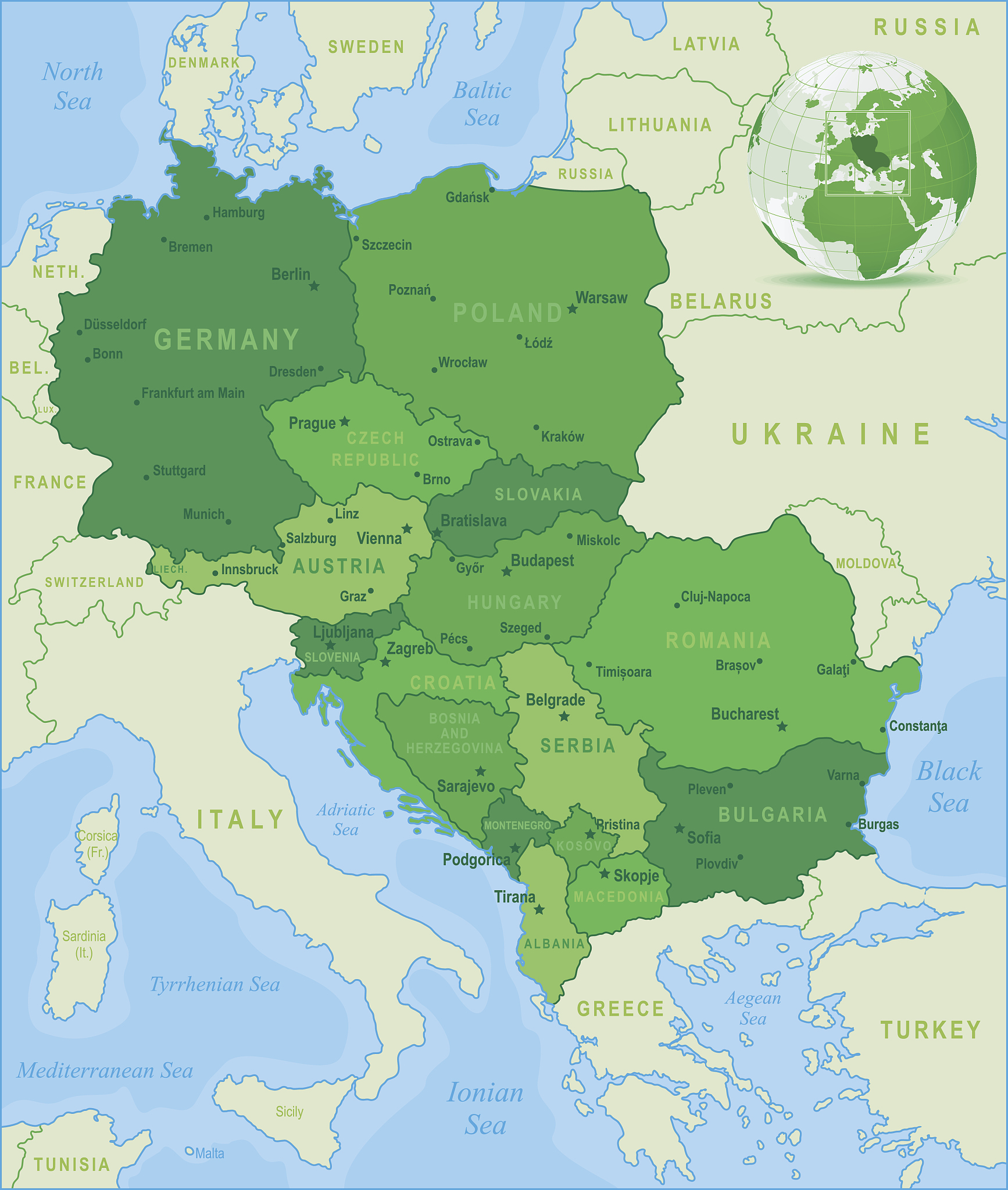 green map of central europe - states and cities