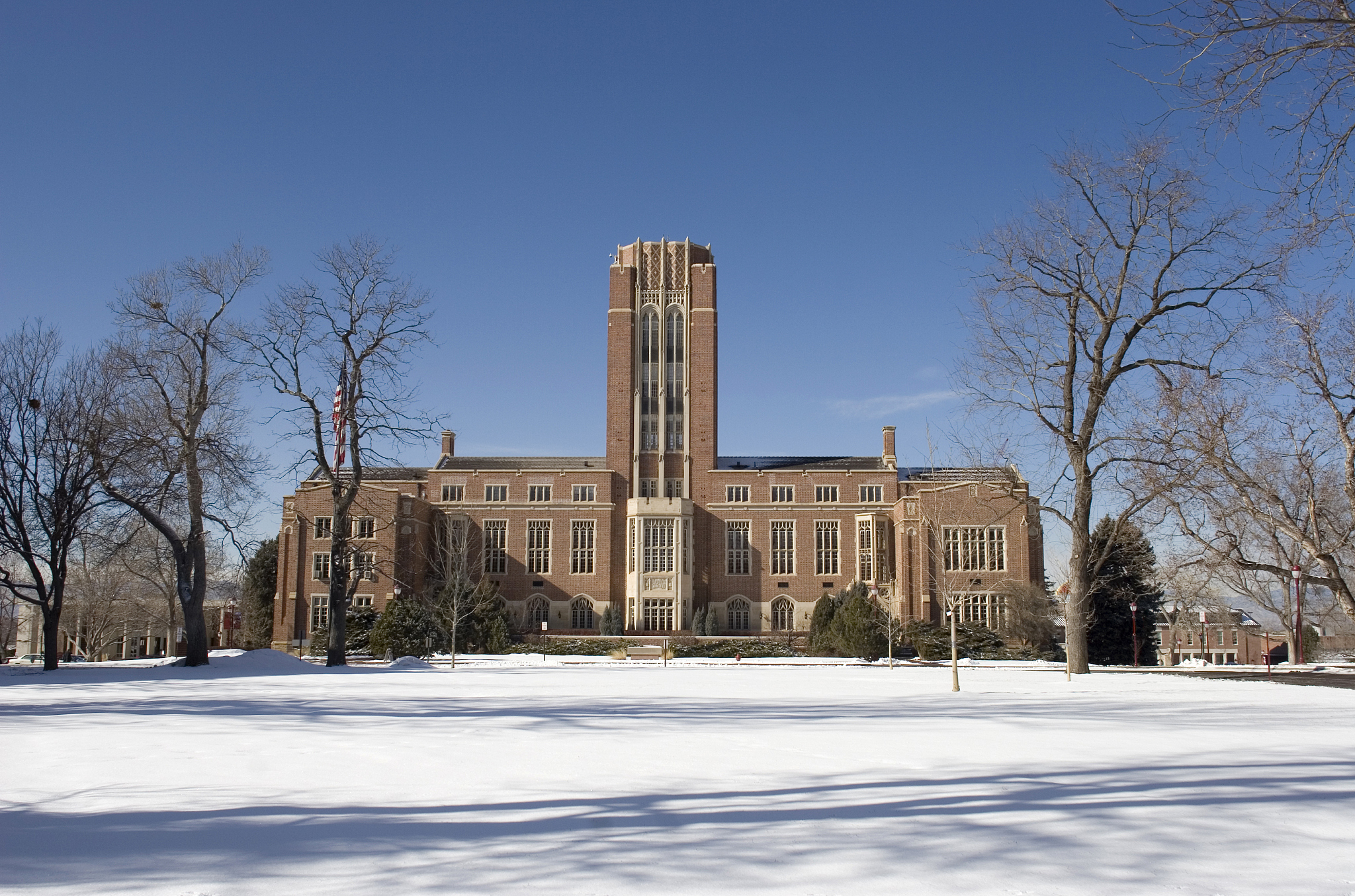 winter snows and denver university's mary reed building, colorad