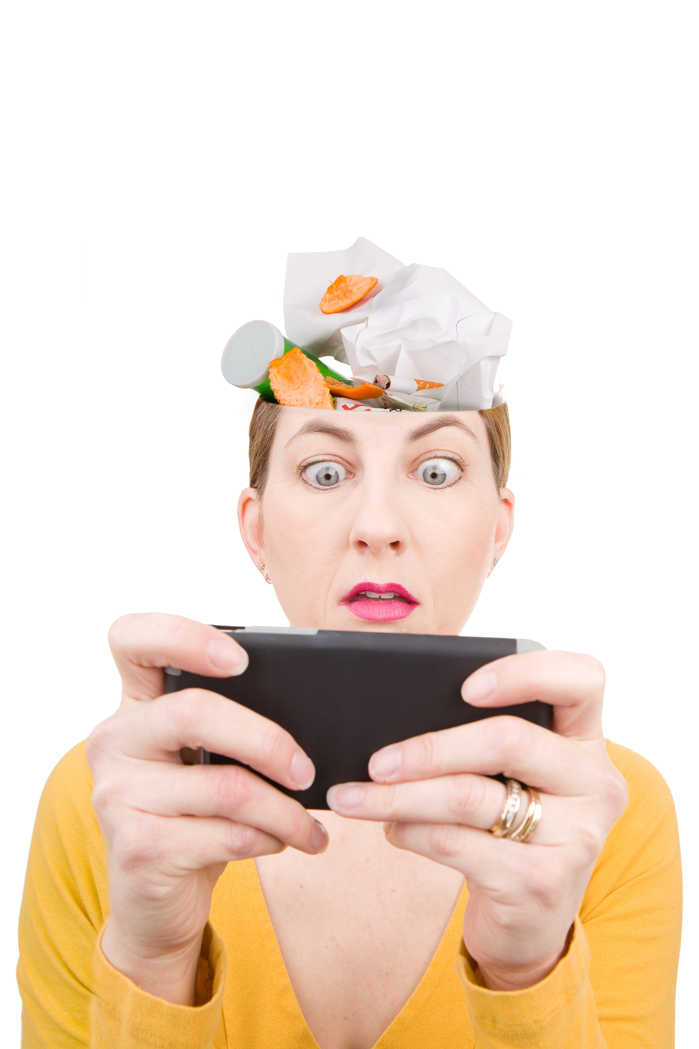 woman's addiction to social media filling head with trash