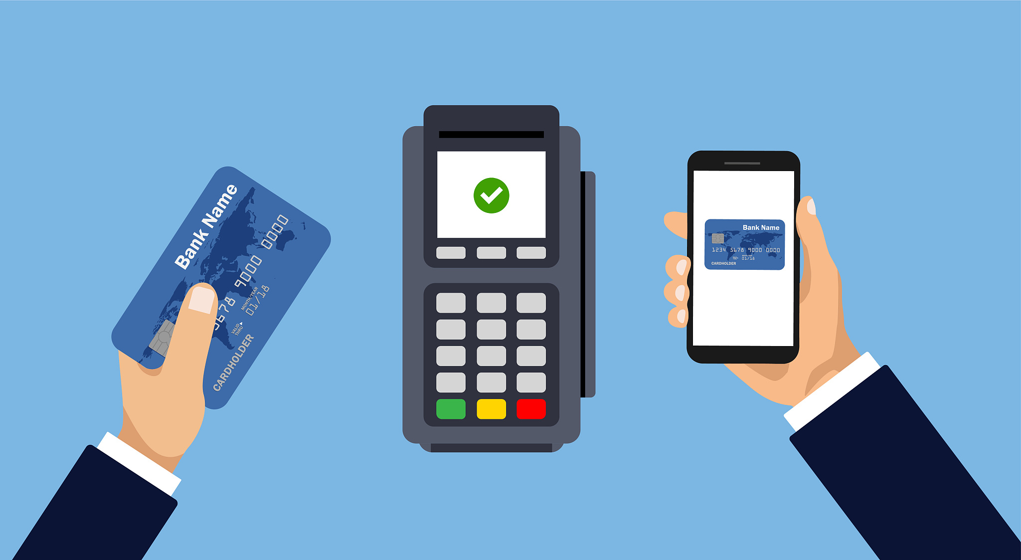 vector pos terminal confirms the payment by smartphone or card.
