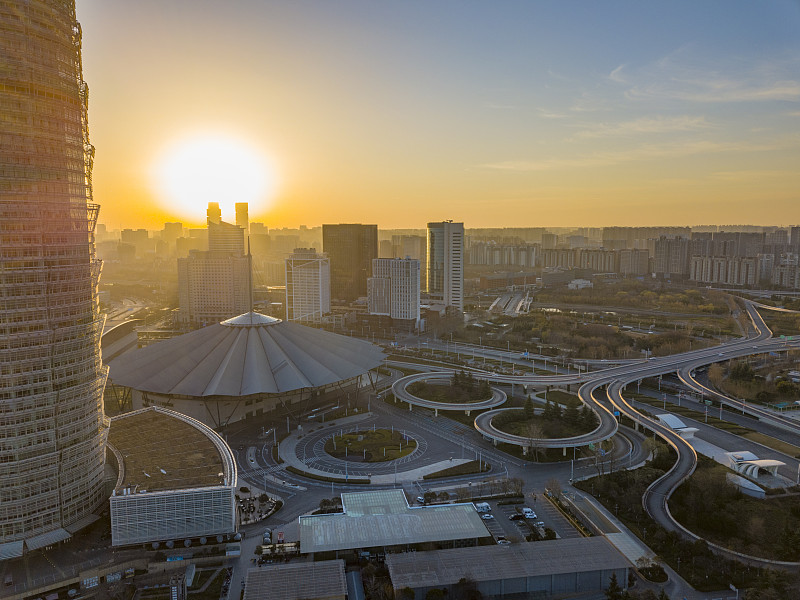 郑州市郑东新区城市风光清晨航拍视角