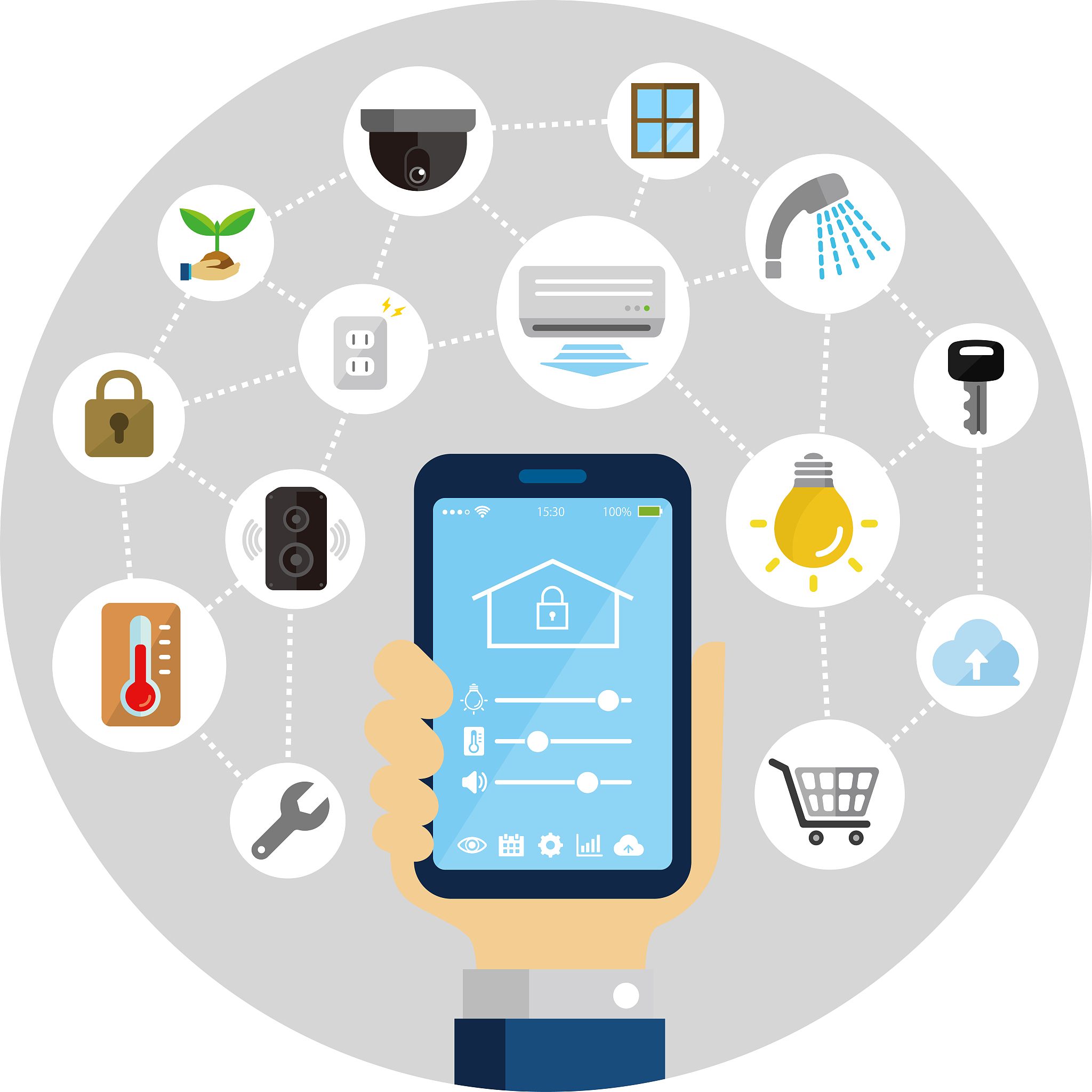 smartphone app to control smart home (smart house) . flat illust