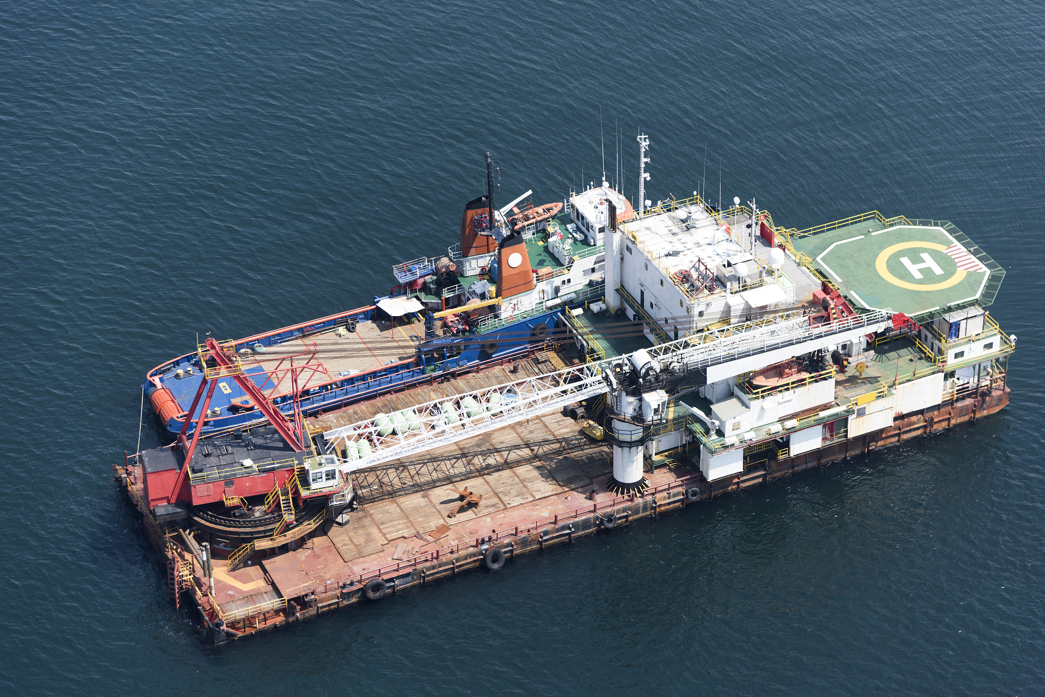 aerial view of  large crane the platform on sea