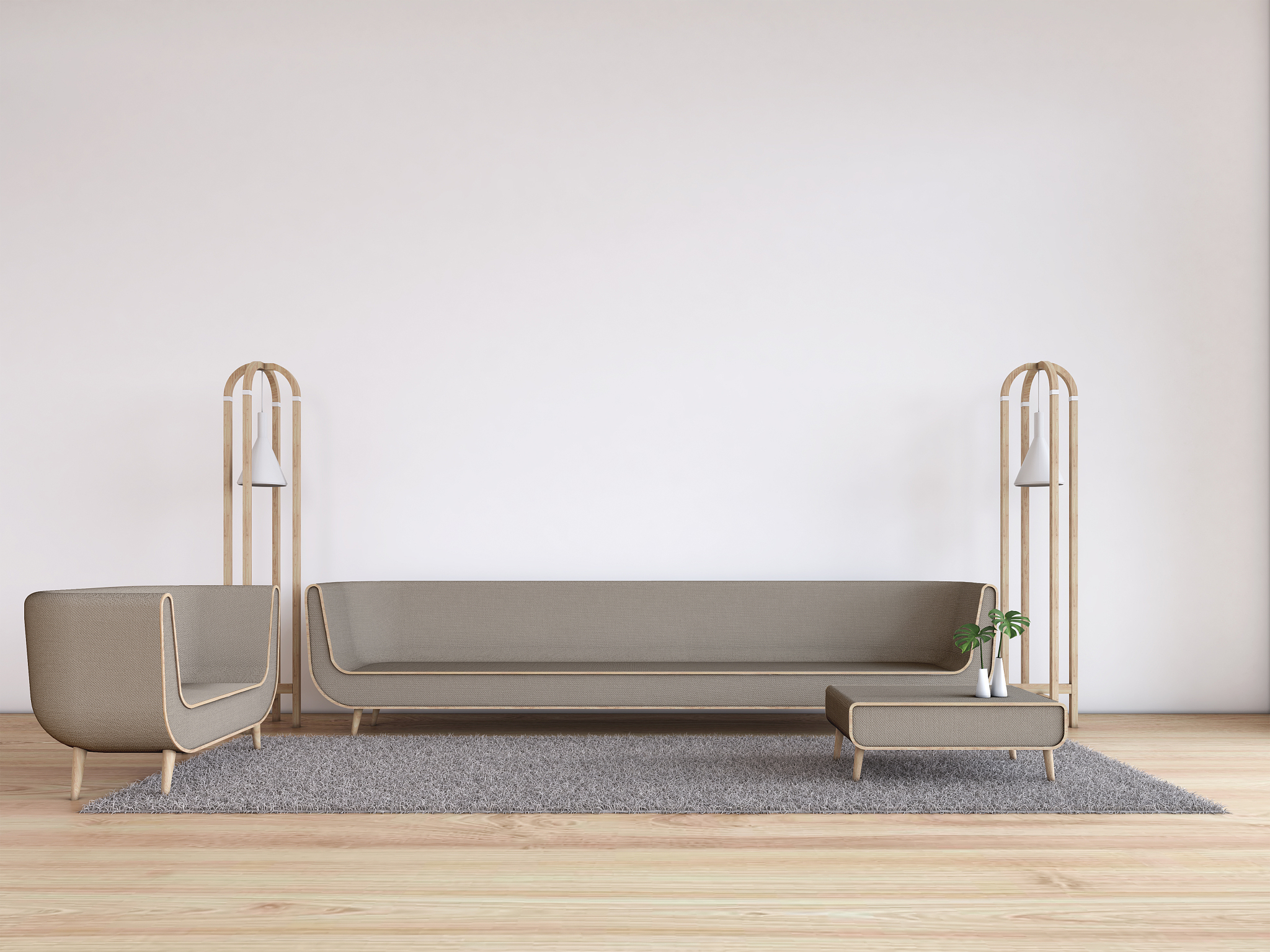 modern living room white wall wood floor and brown sofa 3d rende