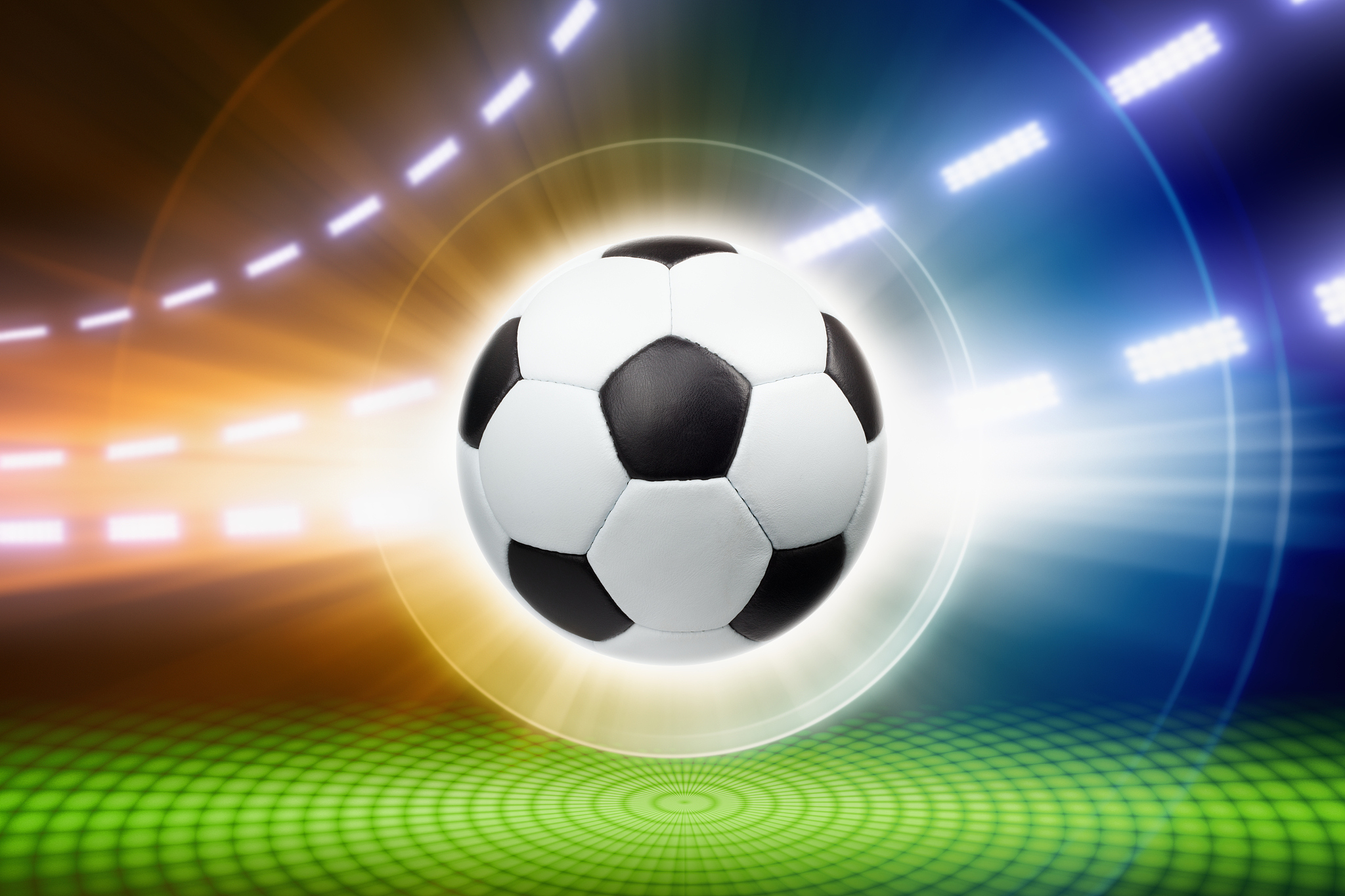 soccer ball, spotlights