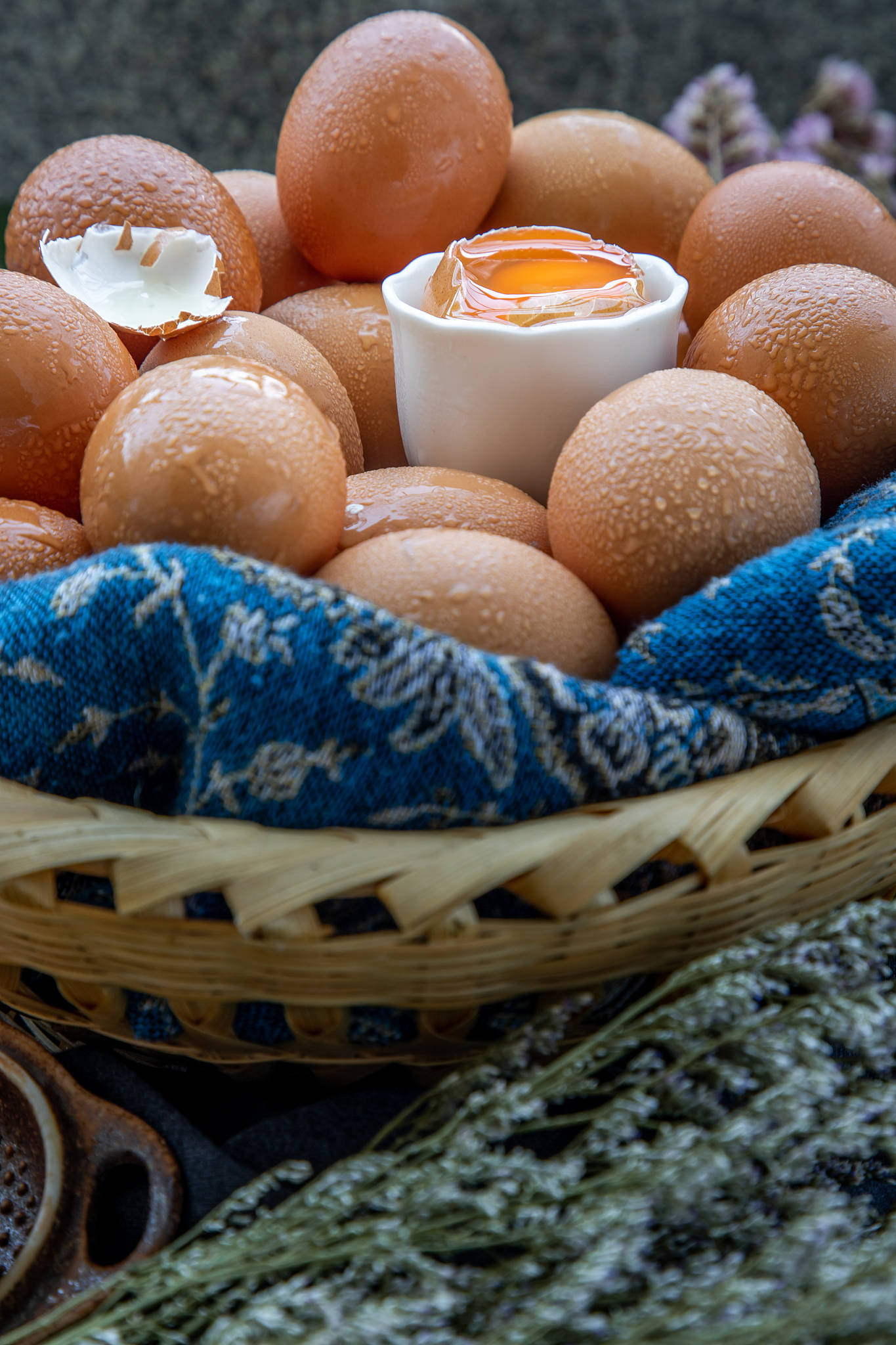 close-up of fresh chicken eggs on basket. nutrition concept.