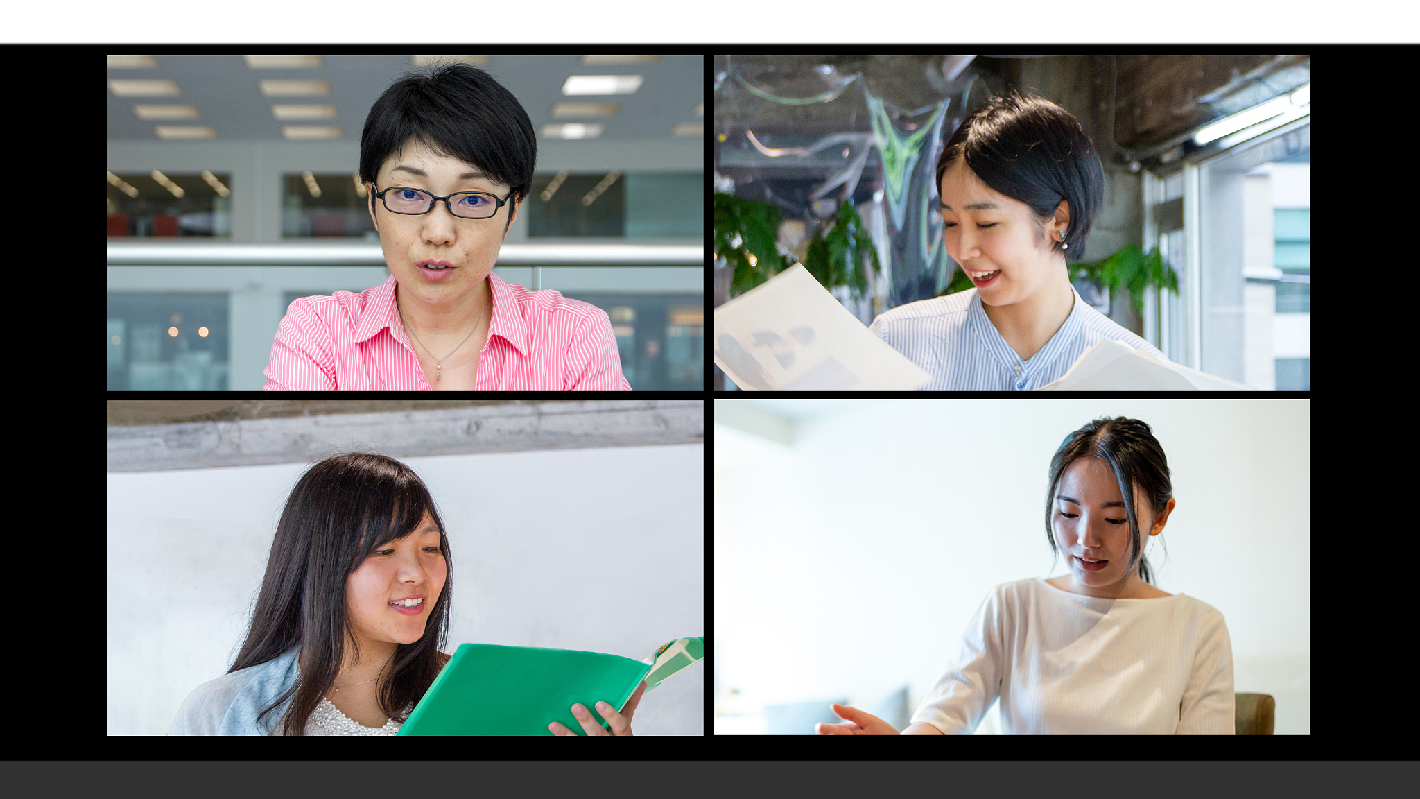 screen of a video conference with four asian businesswoman.