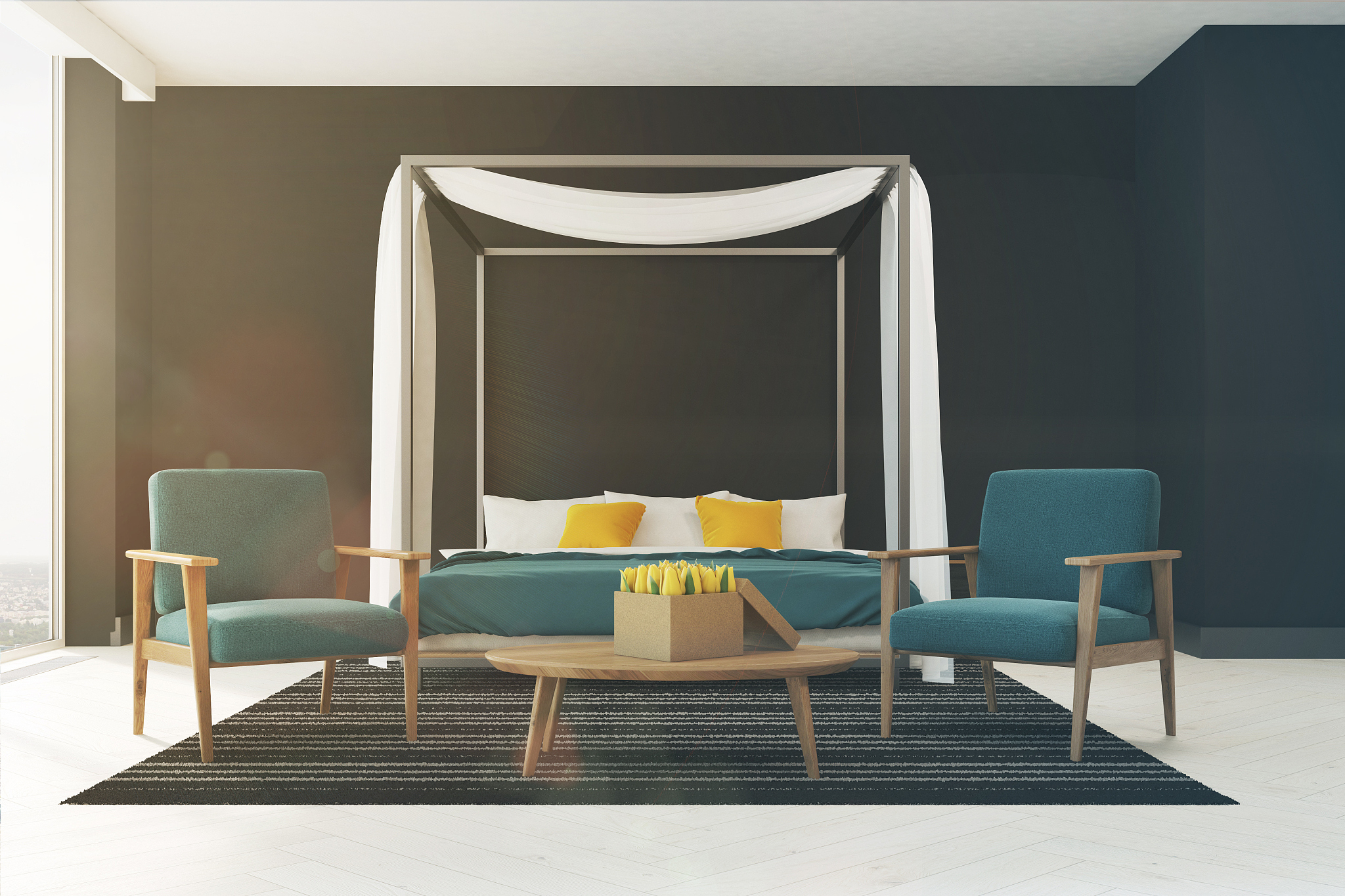 black bedroom, blue armchairs toned