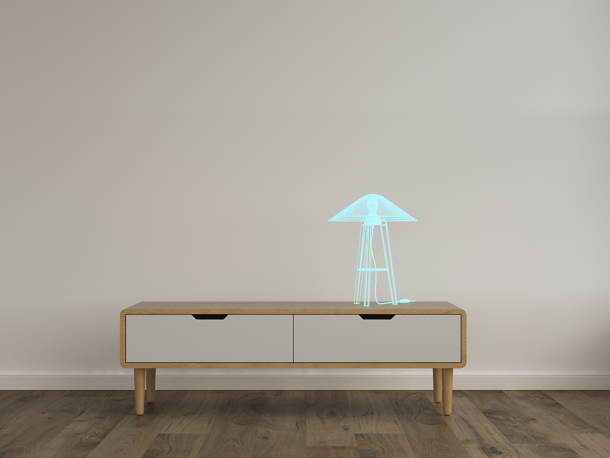 3d rendering, hologram of table lamp on sideboard in modern room