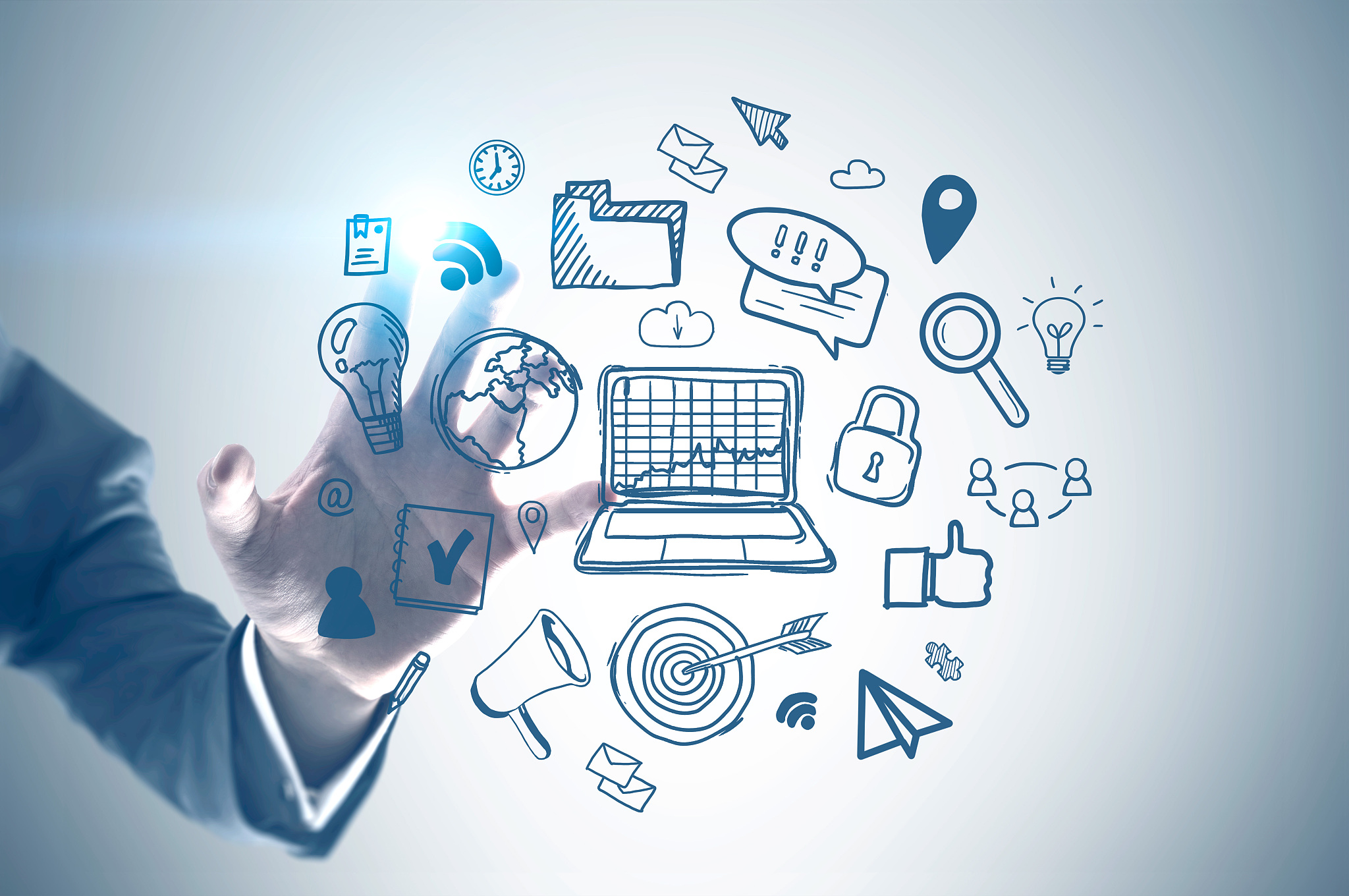 man hand using internet icons interface, white