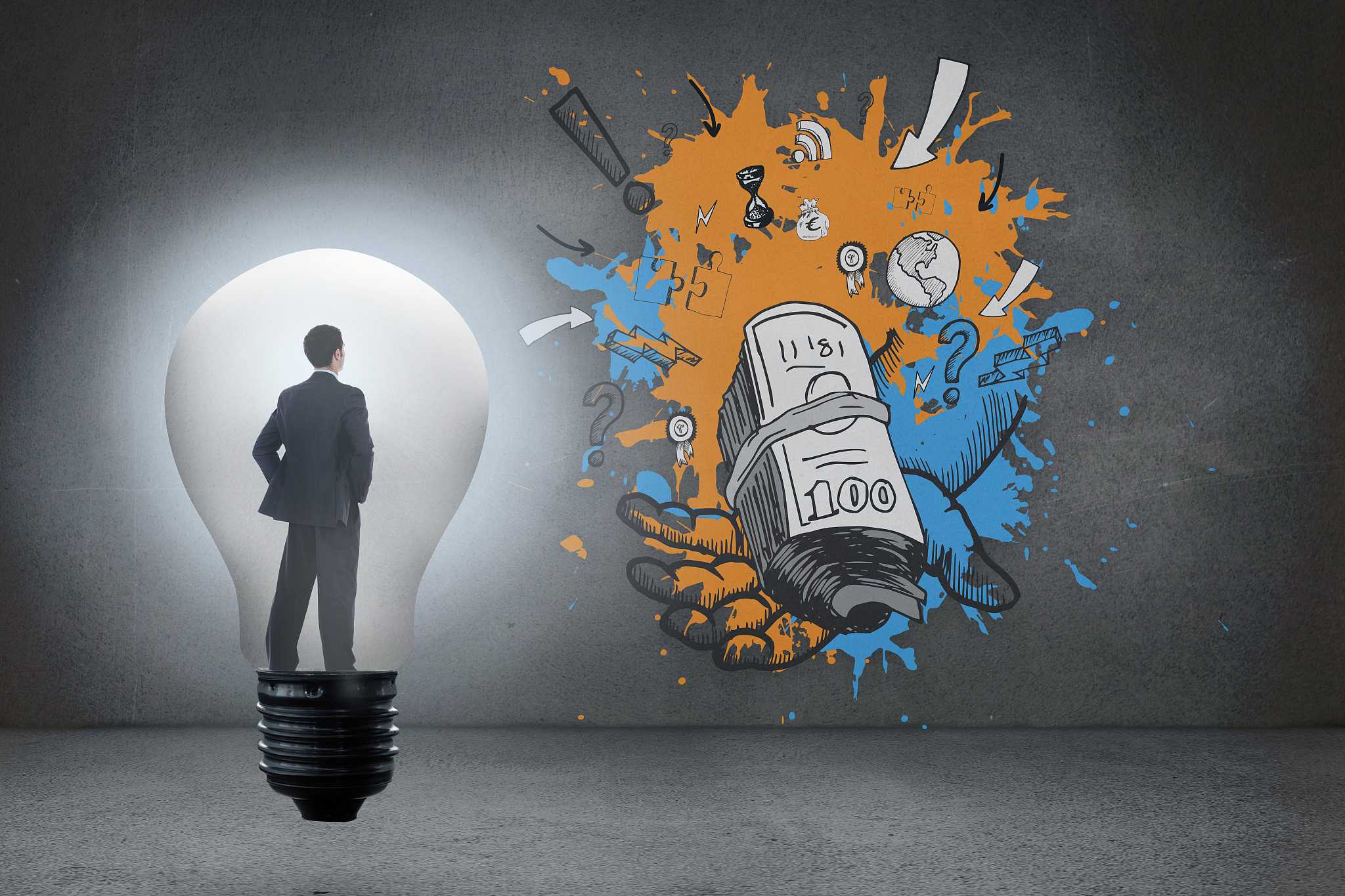 composite image of thinking businessman in light bulb