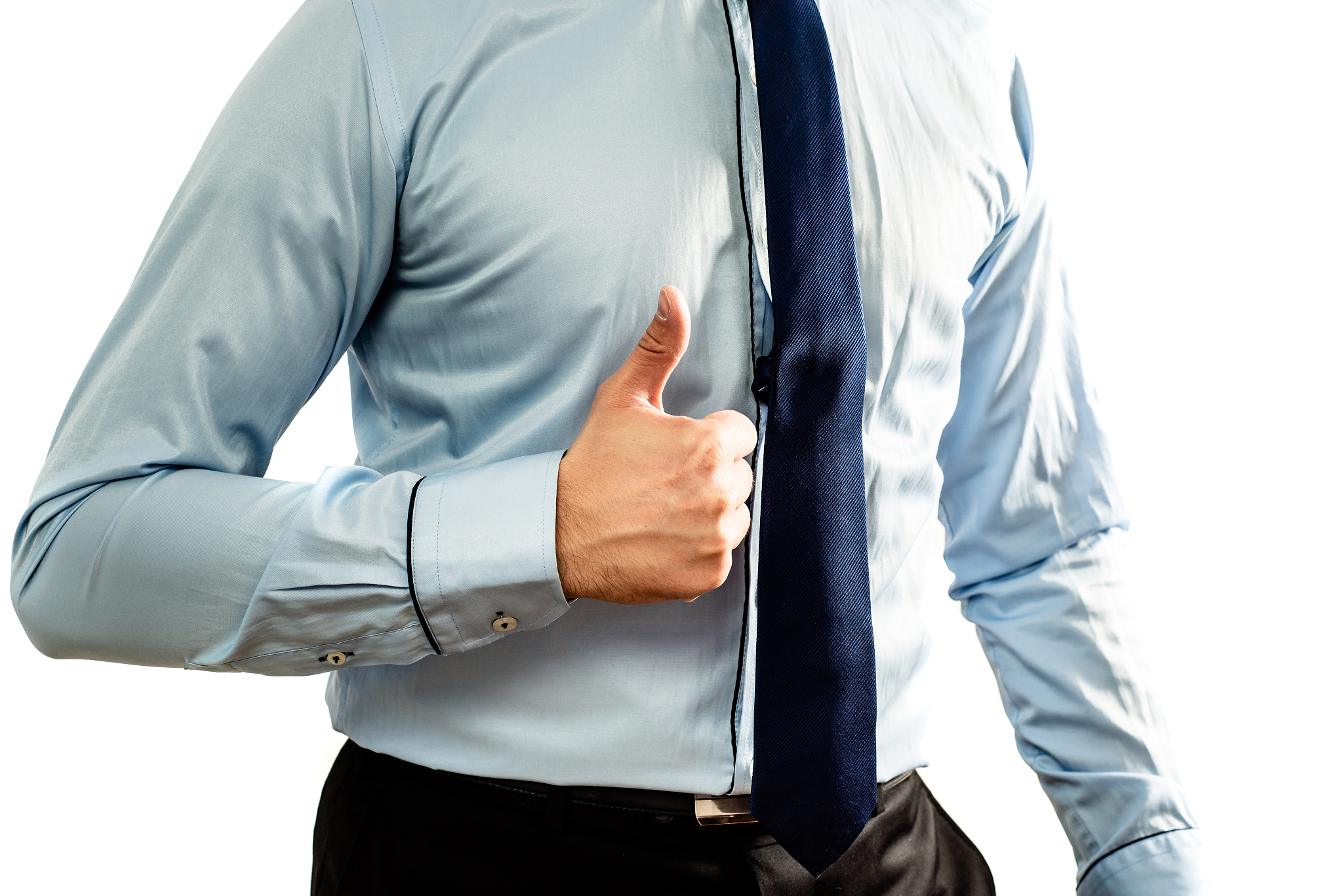male wearing white business shirt and blue tie show thumb up usi